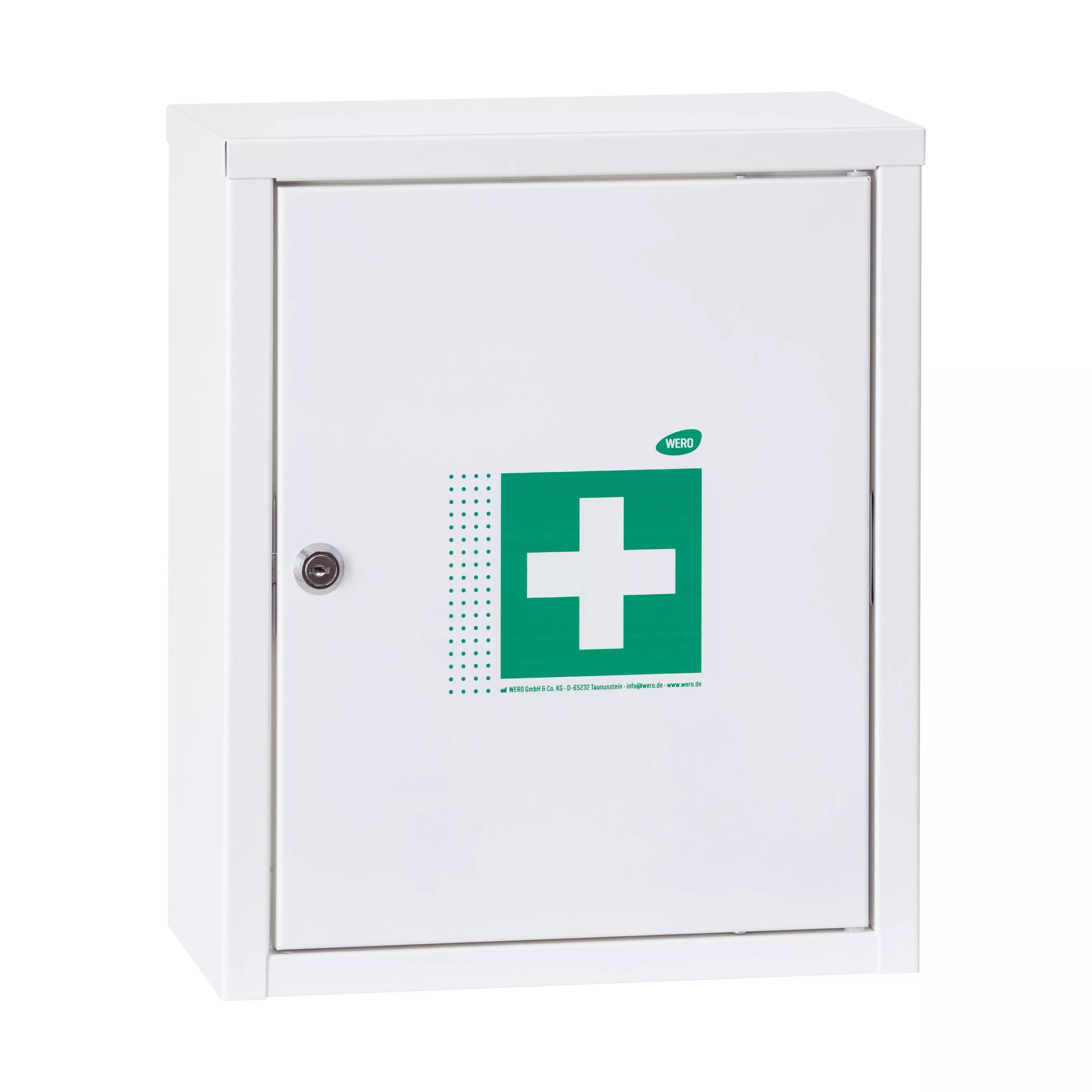 WERO Verbandschrank MiniDuo 20, leer, aus weißem Metall mit grünem Kreuz, Einzeltür, dunklem Drehknopf und seitlicher Lochung.