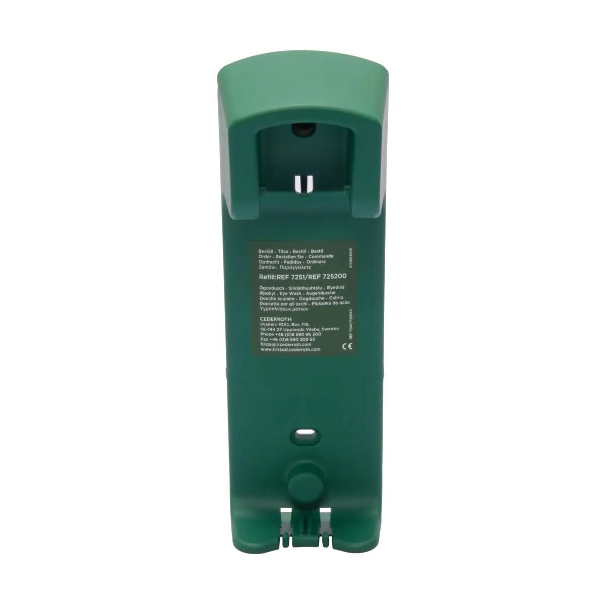 Grüne Wandhalterung für Augenspülflasche Cederroth 500 ml mit abgerundetem Gehäuse, Obenöffnung und seitlichem Verschlussknopf.