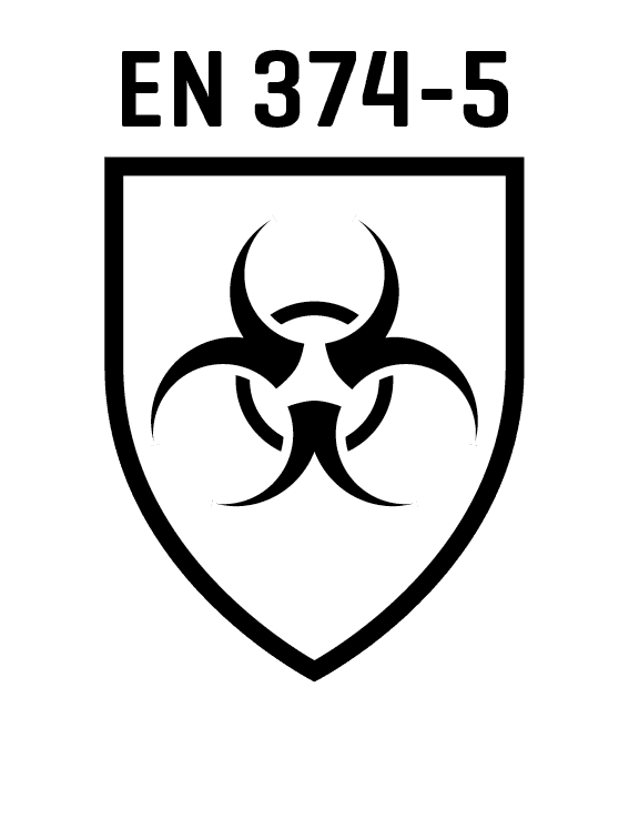 Weißes Schild mit mittigem, schwarzem Biohazard-Symbol aus drei gebogenen Linien und zentralem, kleinem Dreieck.