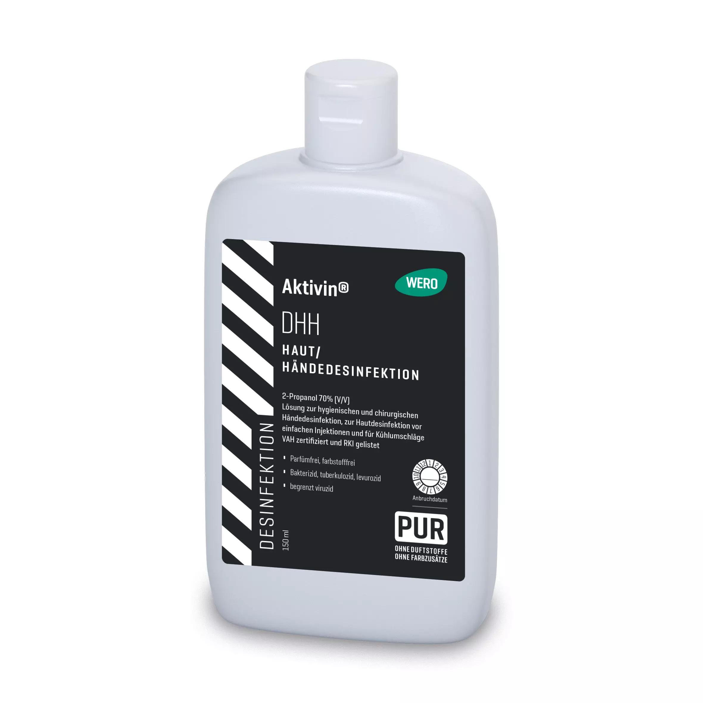 Eine aufrecht stehende Haut- und Händedesinfektionsmittel Aktivin® DHH Kittelflasche mit 70% 2-Propanol und ergonomischem 150 ml Design.