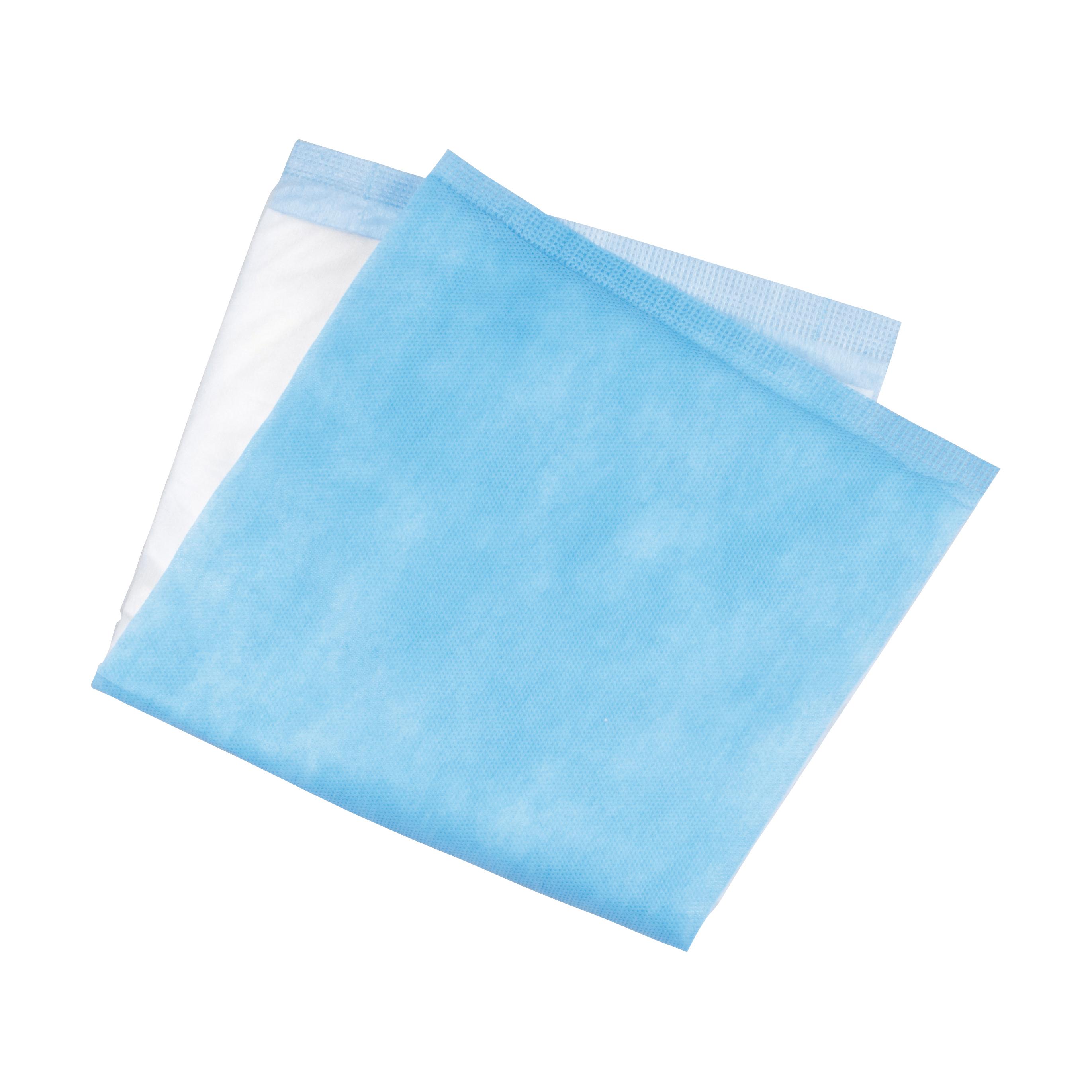 WERO Saugkompresse, steril, als rechteckiges, gefaltetes Pad mit hellblauer Oberfläche und weißer Unterseite, geeignet für stark blutende Wunden.