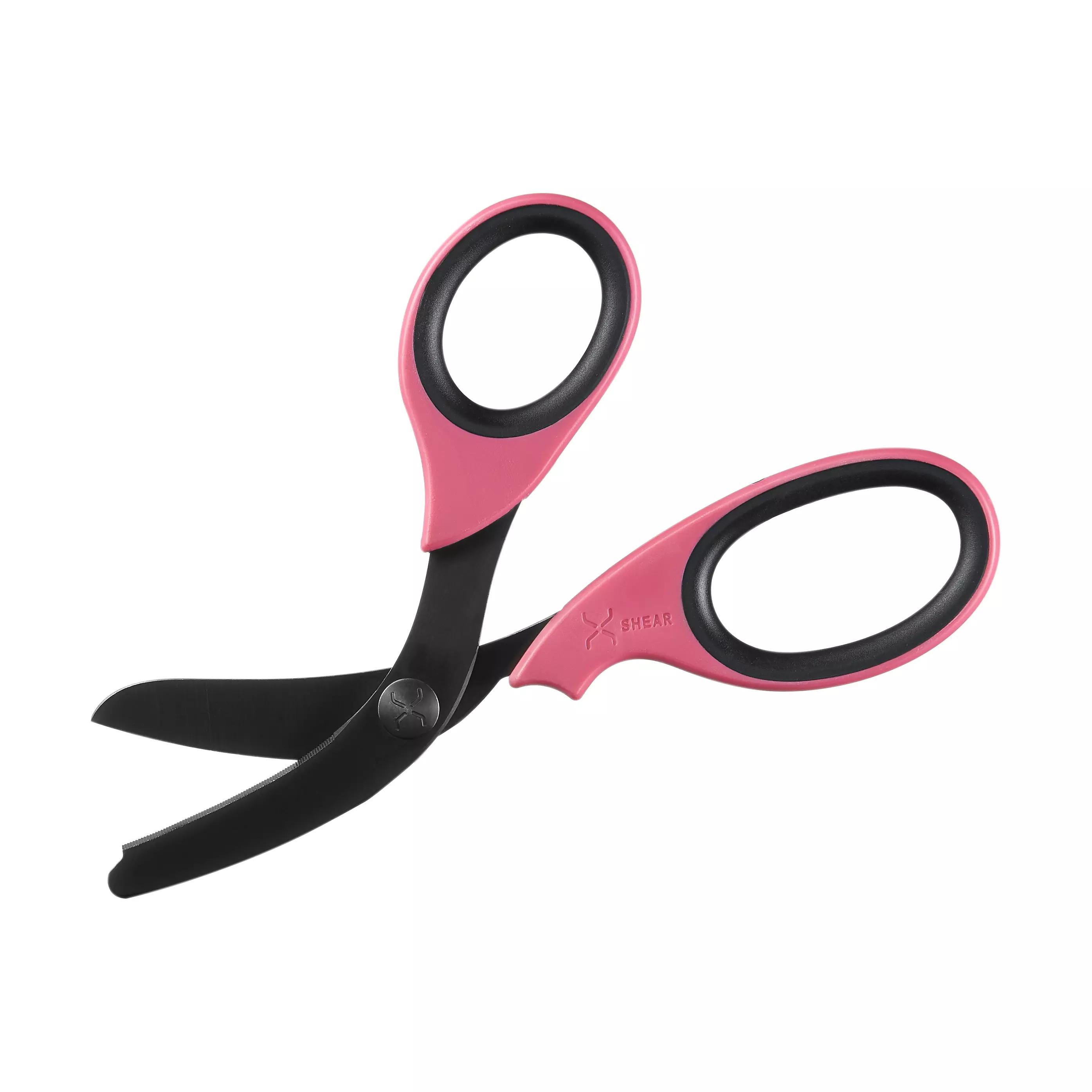 Traumaschere XSHEAR® - Pink mit gehärteten, rasiermesserscharfen Edelstahlklingen, mattschwarzer Titanium-Beschichtung und gebogener, stumpfer Spitze
