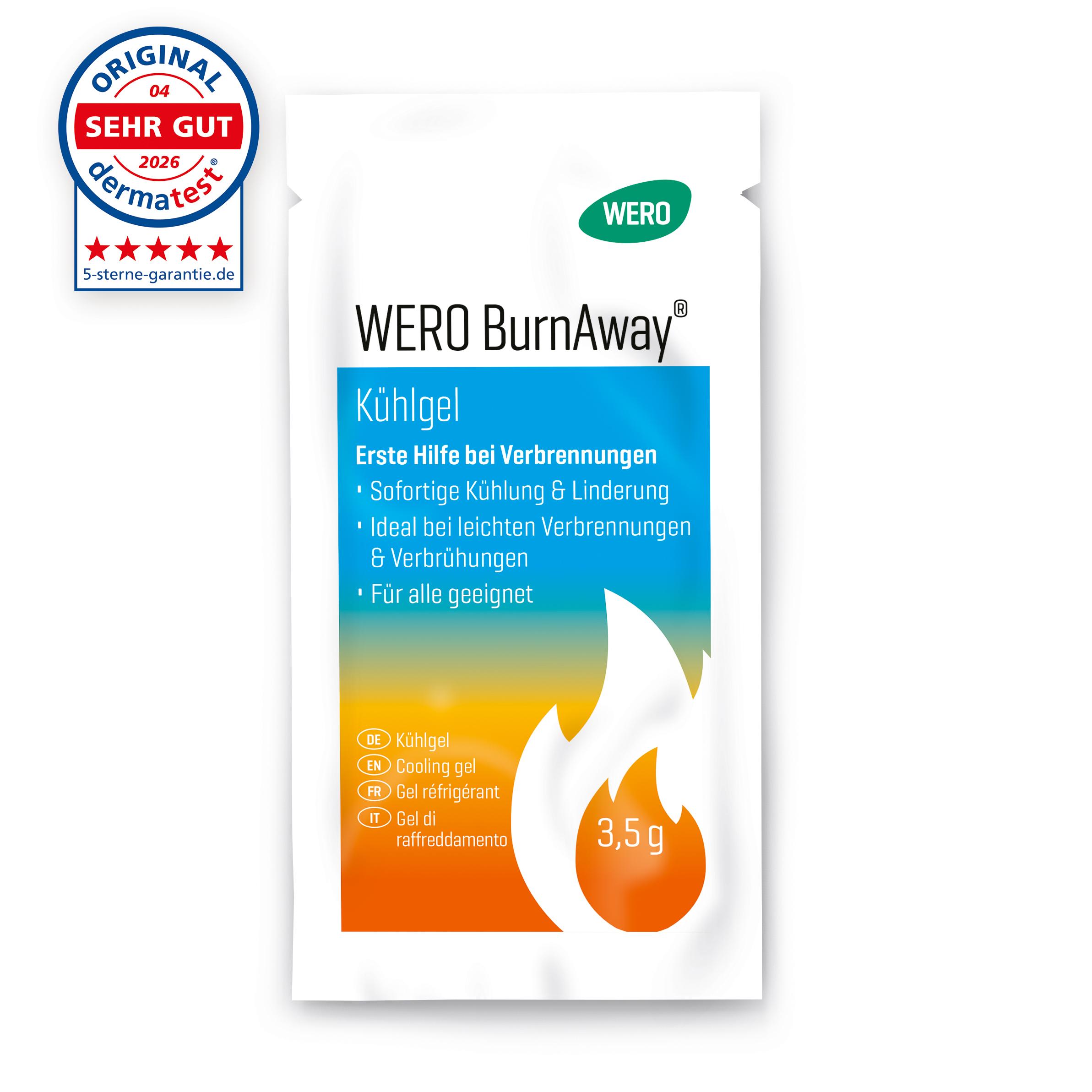 WERO BurnAway® Verbrennungsgel - 3 x 3,5 g Packung mit Produkthinweisen, Herstellerangaben, CE-Kennzeichen und Sterilitätsangabe auf dem Etikett.