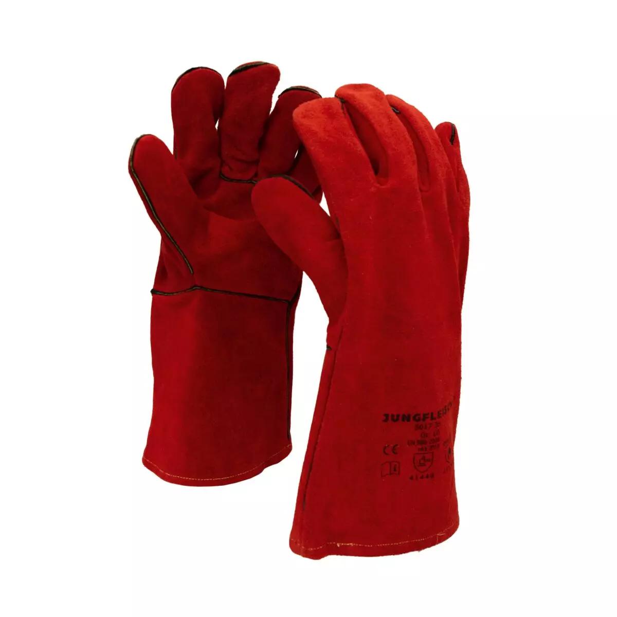 Zwei Hitzeschutzhandschuhe aus Spezialspaltleder in Rot, mit weicher Fütterung und robust verarbeitet, liegen nebeneinander.