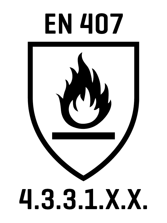 Schwarzes Flammensymbol mit fünf Spitzen auf weißem, schildförmigem Grund, darunter ein horizontaler Balken
