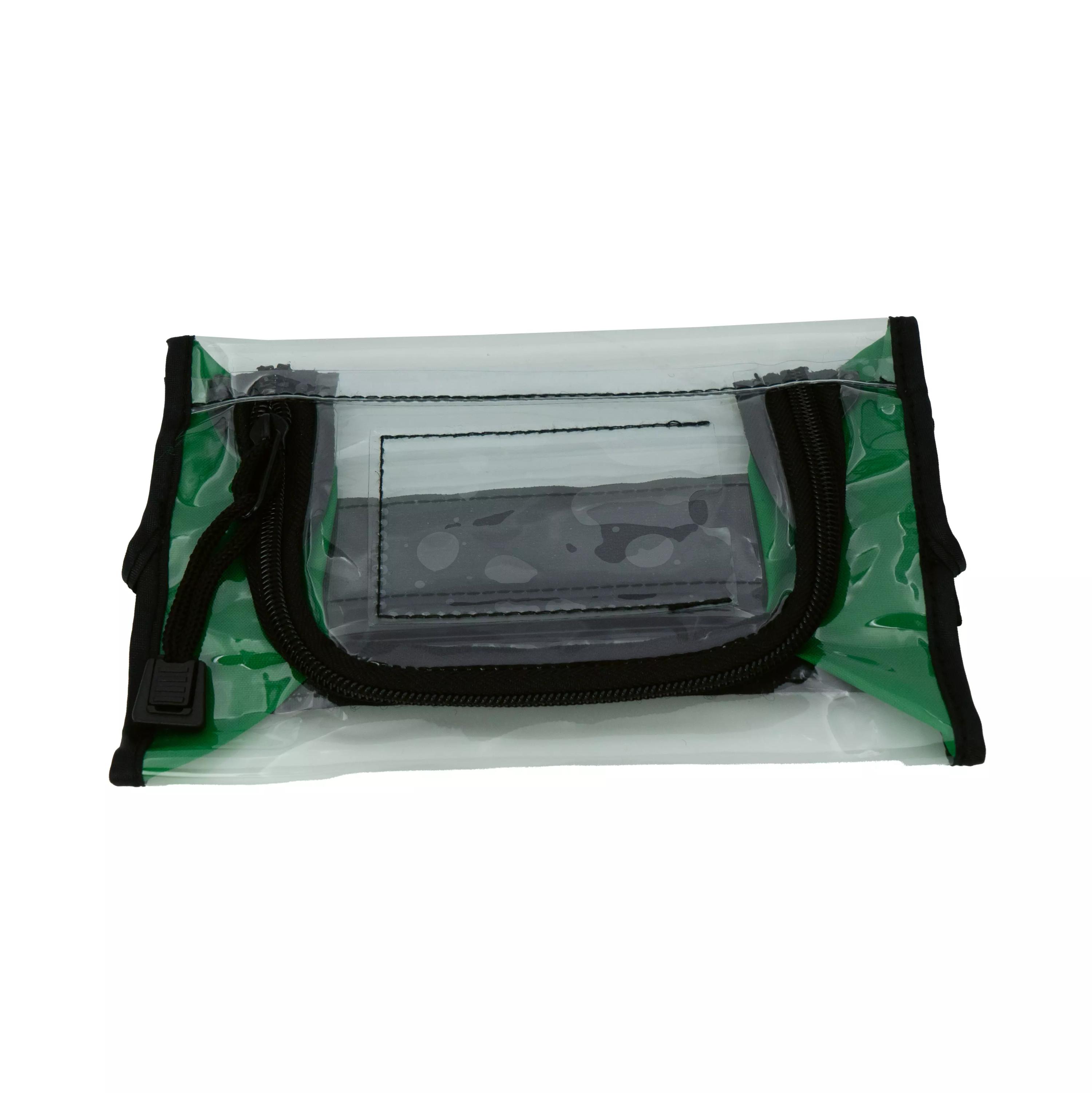 Transparente grüne Kosmetiktasche mit schwarzem Reißverschluss und Griff, die einen Einblick in das innere dunkle Innenleben bietet.