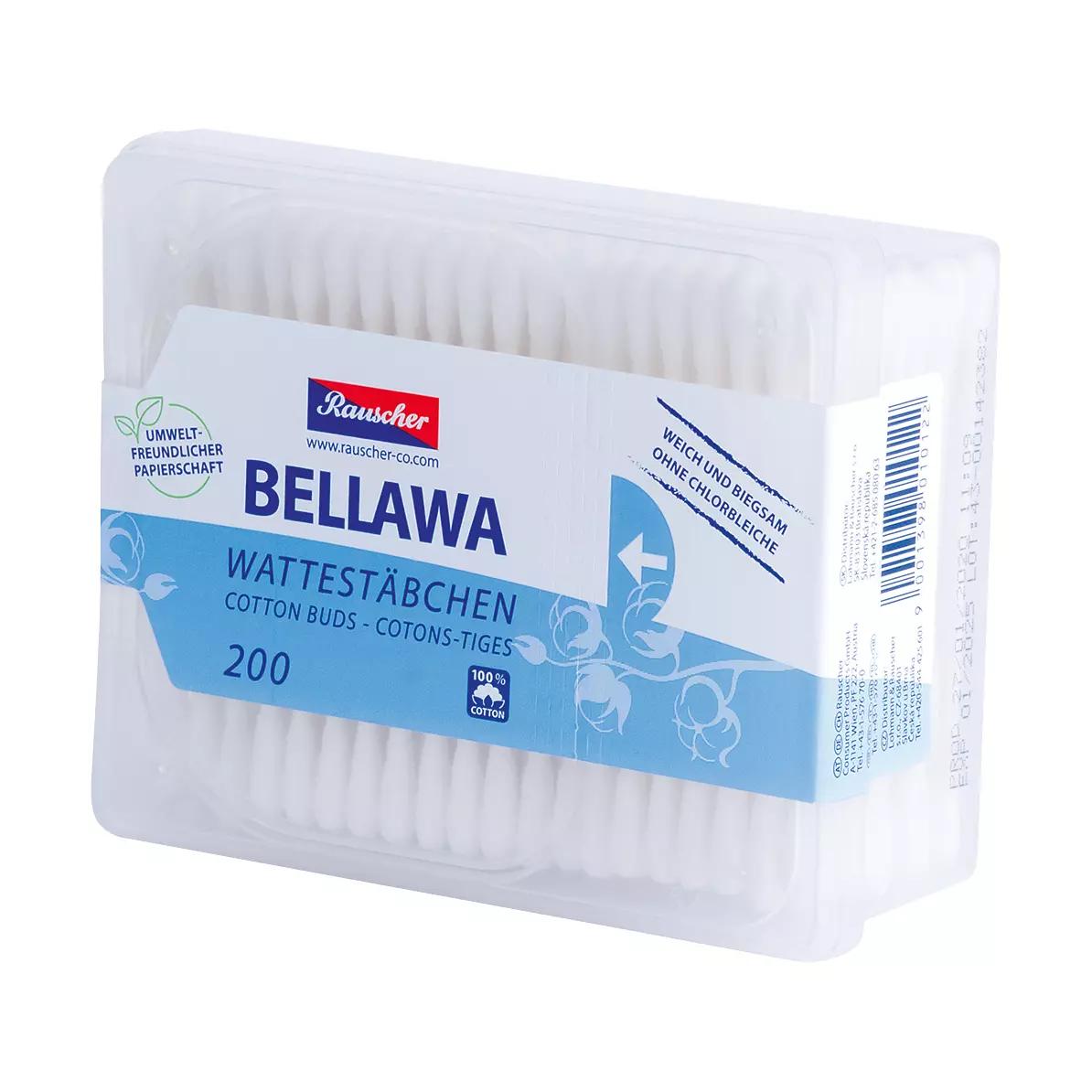 Ein transparenter Behälter mit 200 Wattestäbchen mit beidseitigem Wattekopf aus Baumwolle und Stäbchen aus Papier, Label mit Rauscher BELLAWA Aufdruck.