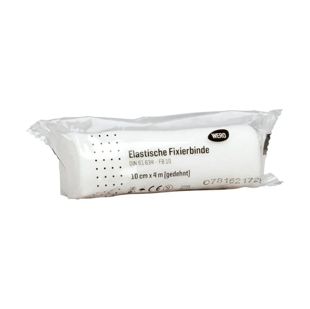 Eine einzeln in Blister verpackte Mullbinde Elastische Fixierbinde DIN 61634, 10 cm breit, dehnfähig und aus weichem, atmungsaktivem Gewebe.