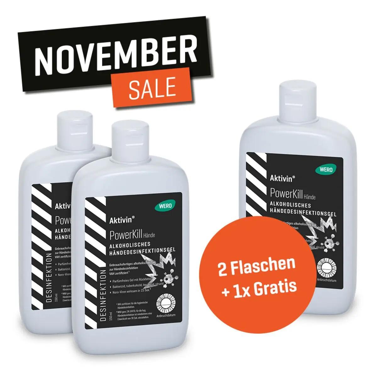 Vier Flaschen Activin PowerKill Handdesinfektion mit weissen Flaschen und Aktionshinweis 2 Flaschen + 1x Gratis.
