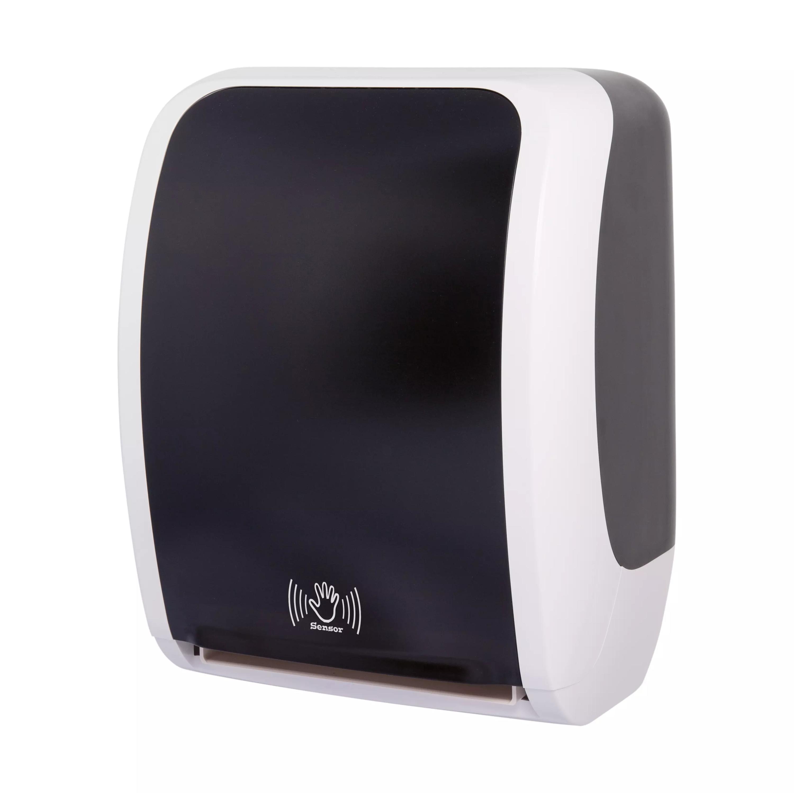 Ein Handtuchspender RATIO touchless - Blau mit Sensor bedienfeld, berührungslosem Entnahmesystem und schwarzer sowie silberner Oberfläche.