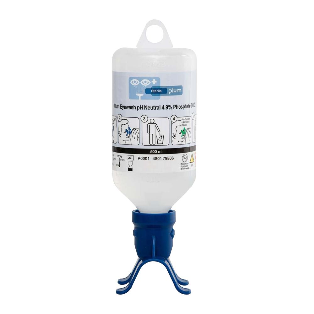 Weiße PLUM-Augenspülflasche DUO 500 ml gepuffert mit blauem Standfuß, Flip-Top-Deckel und Anleitungsetikett für die schnelle Augenreinigung