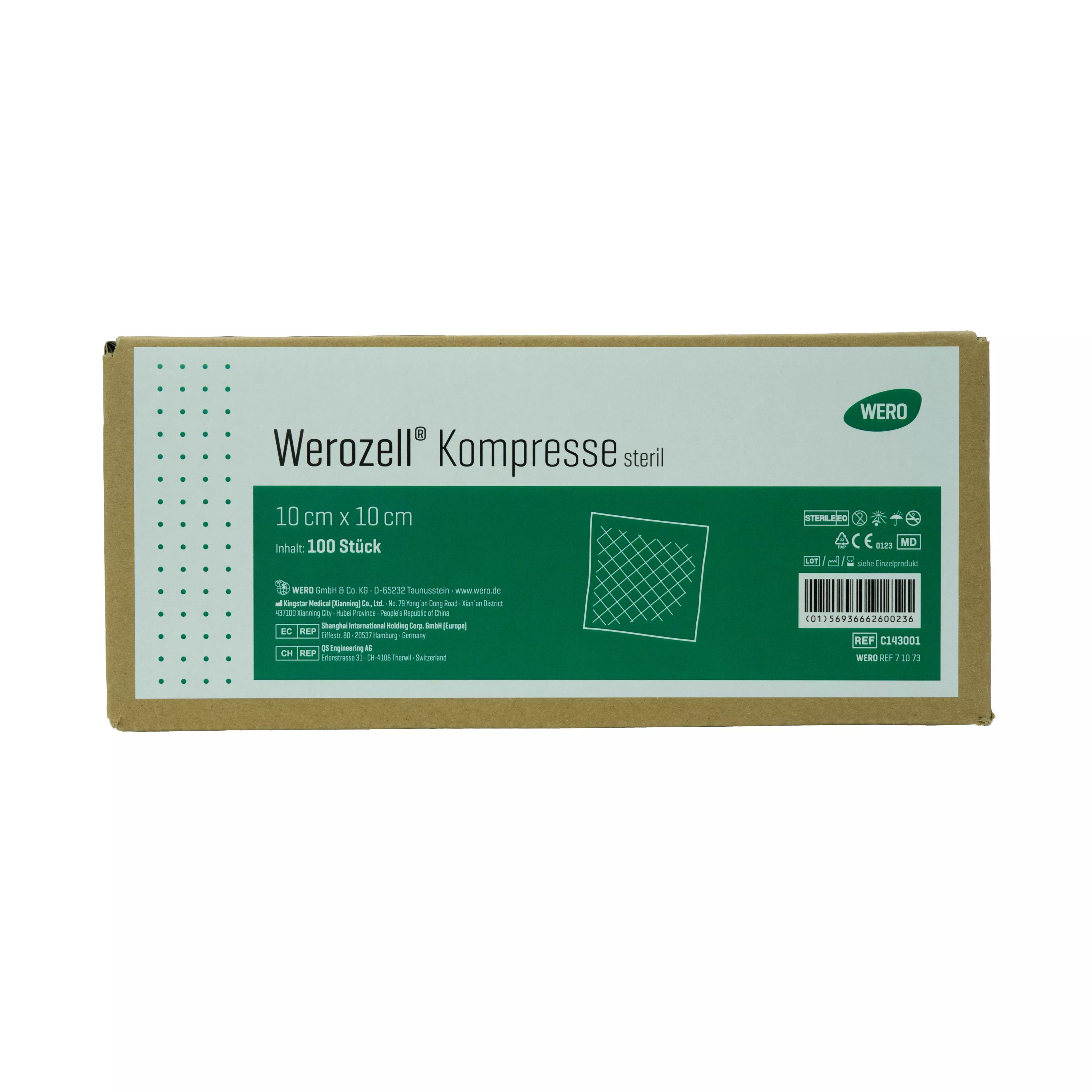 Werozell® Kompresse, steril - 100 Stk steht als braune Box mit grünem Etikett, 10 x 10 cm Maße, Hersteller-Angabe und CE-Zertifizierung aufgedruckt.