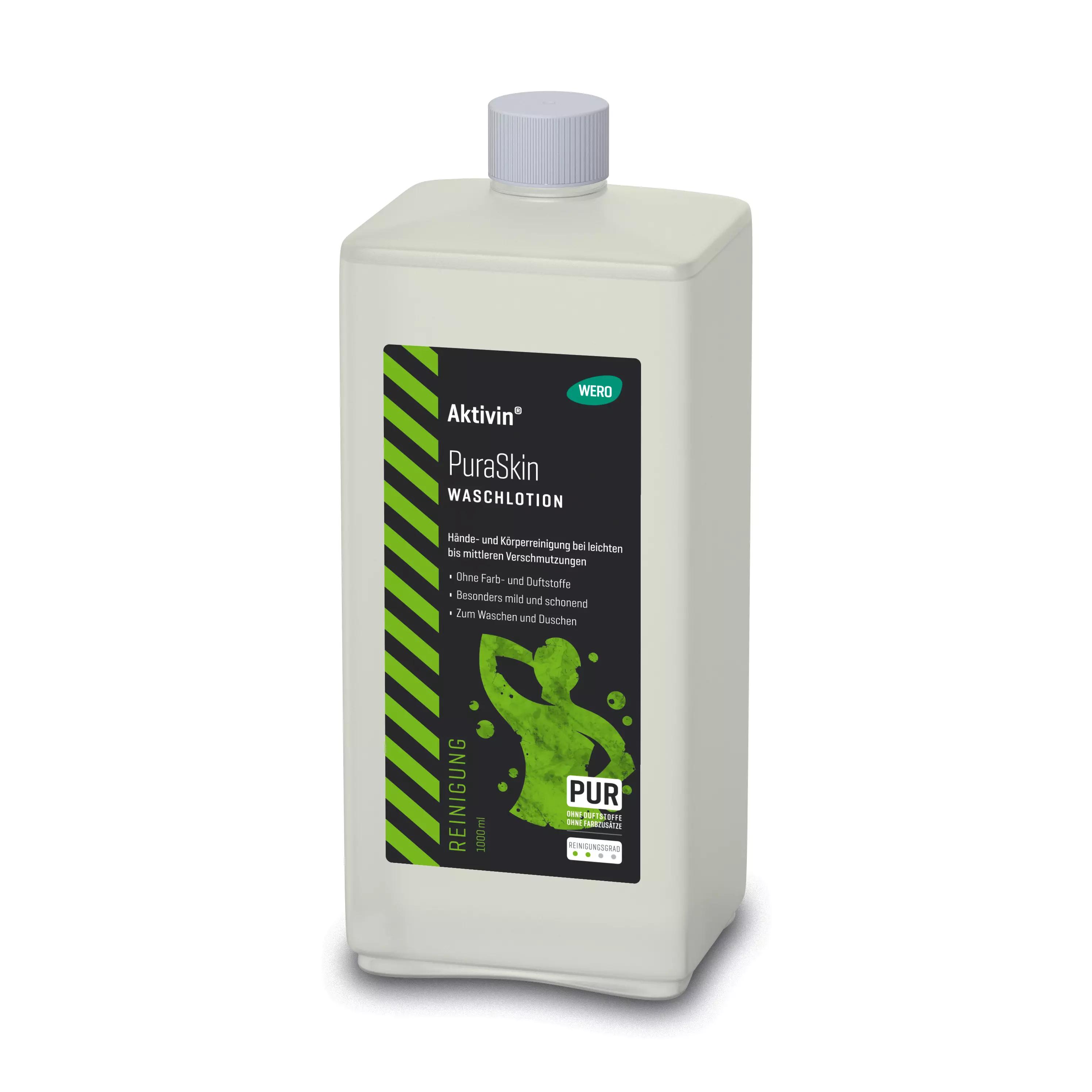 Eine weiße Euroflasche Waschlotion Aktivin® PuraSkin mit grünem Etikett steht aufrecht, zeigt 1.000 ml und ein schwarz-weißes WERO-Logo.
