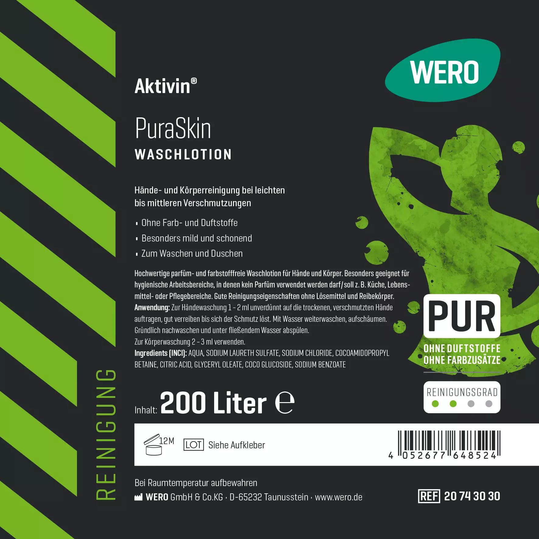 Weißes Etikett der Waschlotion Aktivin® PuraSkin - Fass, 200 Ltr, zeigt Inhaltsstoffe sowie Anwendungshinweise für Hände und Körper, parfüm- und farbstofffrei.