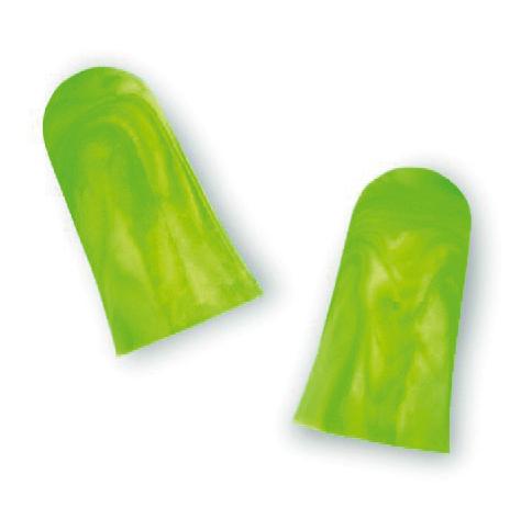 Zwei hellgrüne MOLDEX Pura-Fit® Gehörschutzstöpsel, aus Polyurethan in Universalgröße, liegen nebeneinander und zeigen ihre weiche, gerundete Form.
