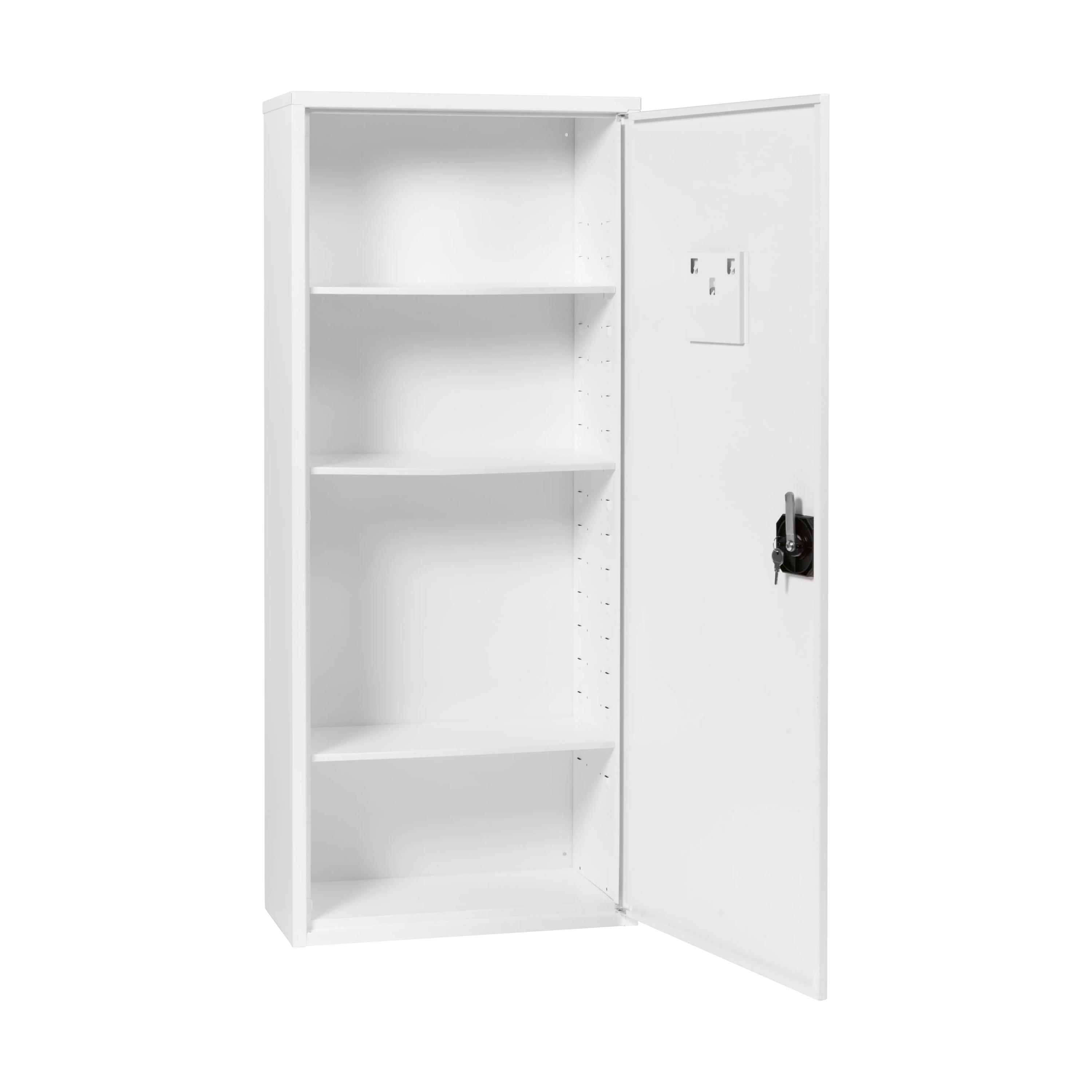 WERO Sanitätswandschrank Space 6 / 072, leer, mit drei Regalfächern, geöffnetem Türfach sowie sichtbarem Zahlenschloss und Aufkleber.