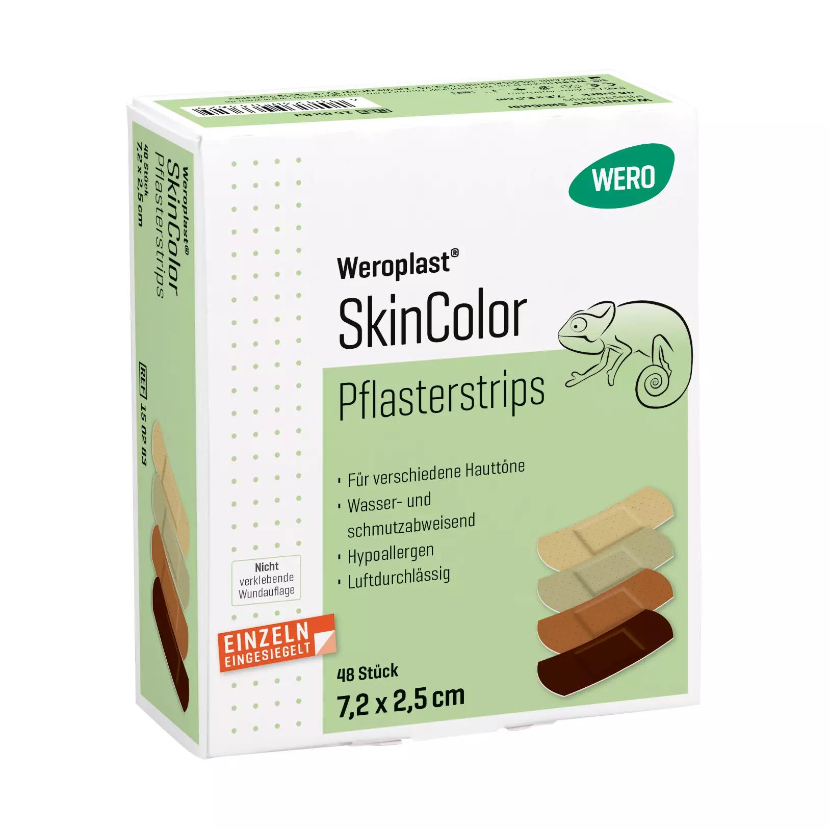 Weiße Box Weroplast® SkinColor Pflasterstrips Mix 48 Stk, grünes Etikett, Chameleon-Zeichnung, Größe 7,2 x 2,5 cm, für verschiedene Hauttöne.