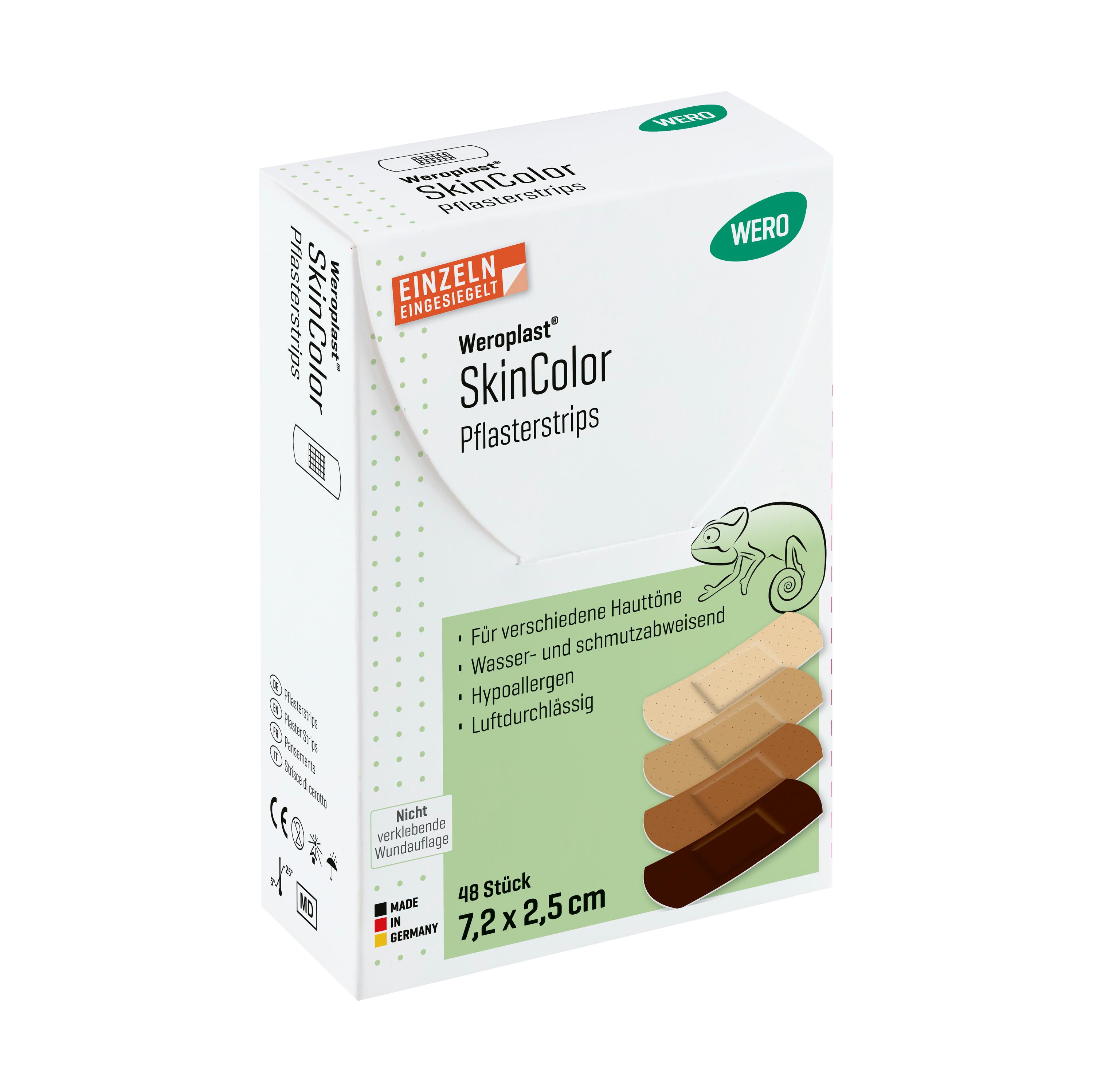 Weiße Box Weroplast® SkinColor Pflasterstrips Mix 48 Stk, grünes Etikett, Chameleon-Zeichnung, Größe 7,2 x 2,5 cm, für verschiedene Hauttöne.