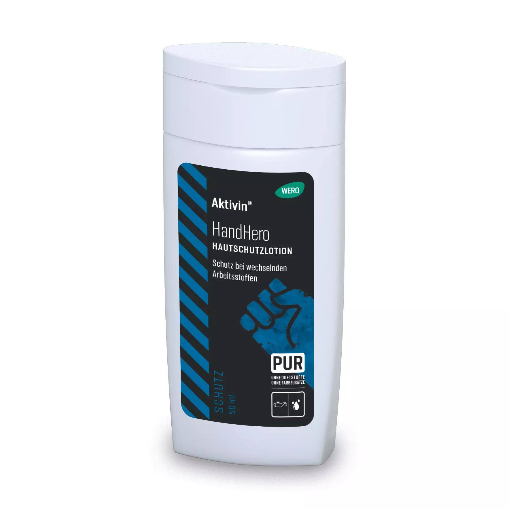 Eine weiße Flasche Hautschutzlotion Aktivin® HandHero - Probiergröße, 50 ml, mit schwarzem Etikett, PUR-Zertifizierung und Warnsymbol.