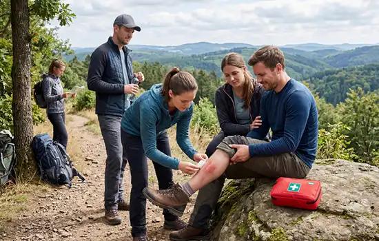 Zwei Frauen versorgen das Bein eines Mannes mit einem Erste-Hilfe-Set, während sie auf einem Wanderweg in der Natur pausieren.