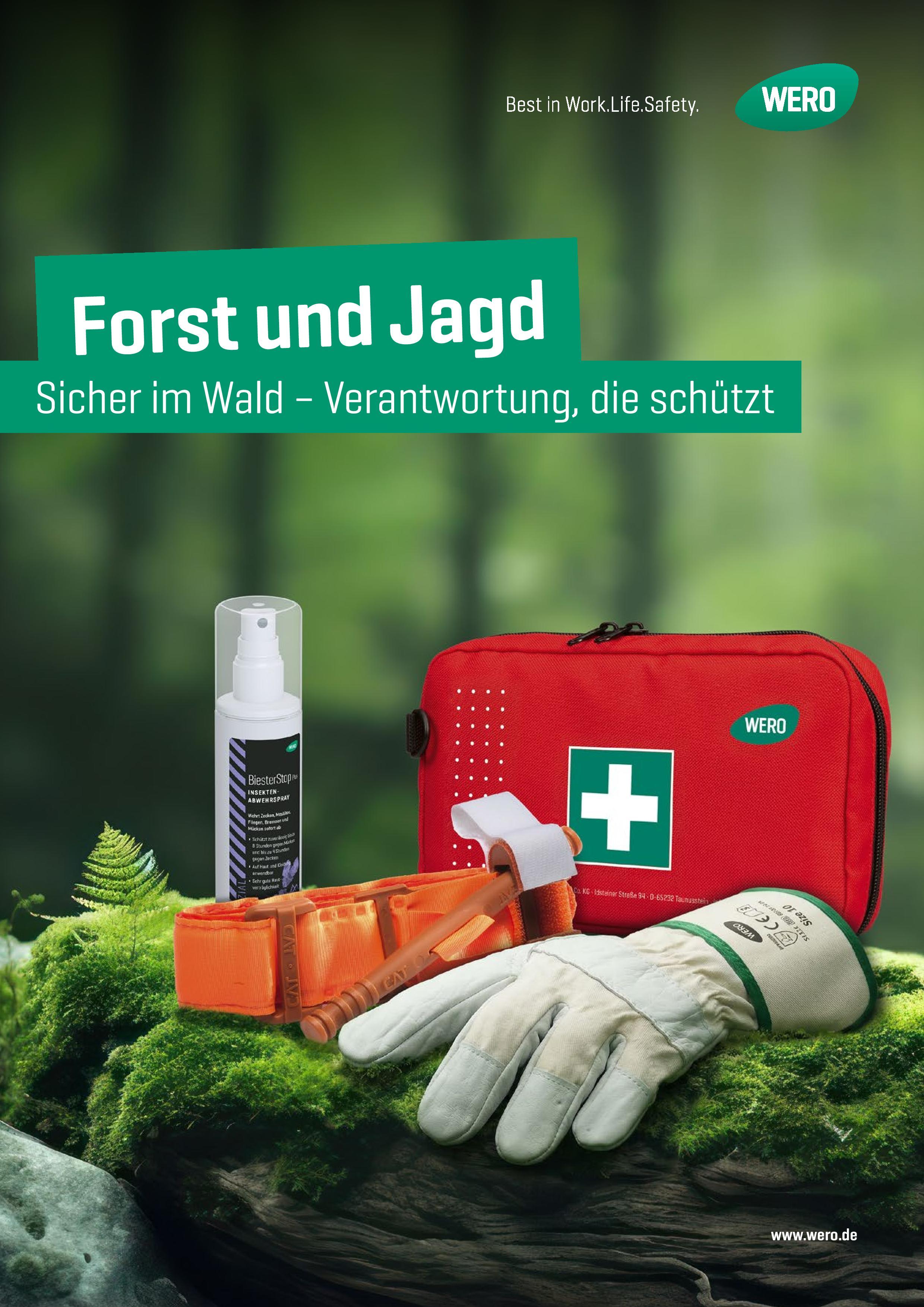 Rotes Erste-Hilfe-Set mit weißem Kreuz auf einem moosigen Stamm, daneben Sprayflasche, Arbeitshandschuhe und Holzwerkzeug, grüner Waldhintergrund.