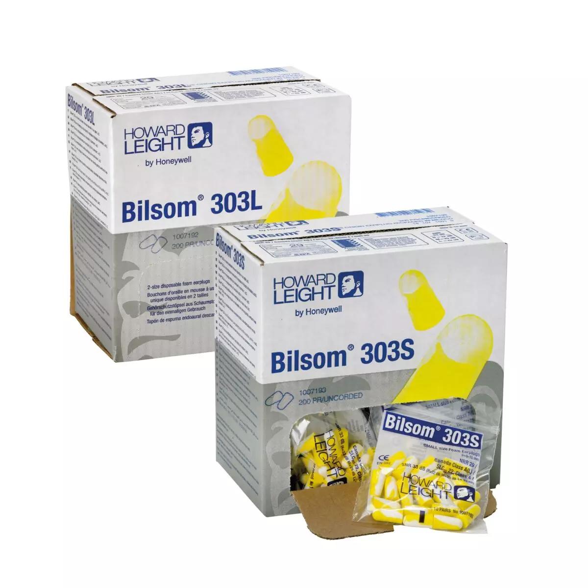 Zwei Kartons Taschenpackung Bilsom 303 Gehörschutzstöpsel in der Verteilerbox, eine geöffnet mit gelben, schaumstoffgeschützten Ohrstöpseln.