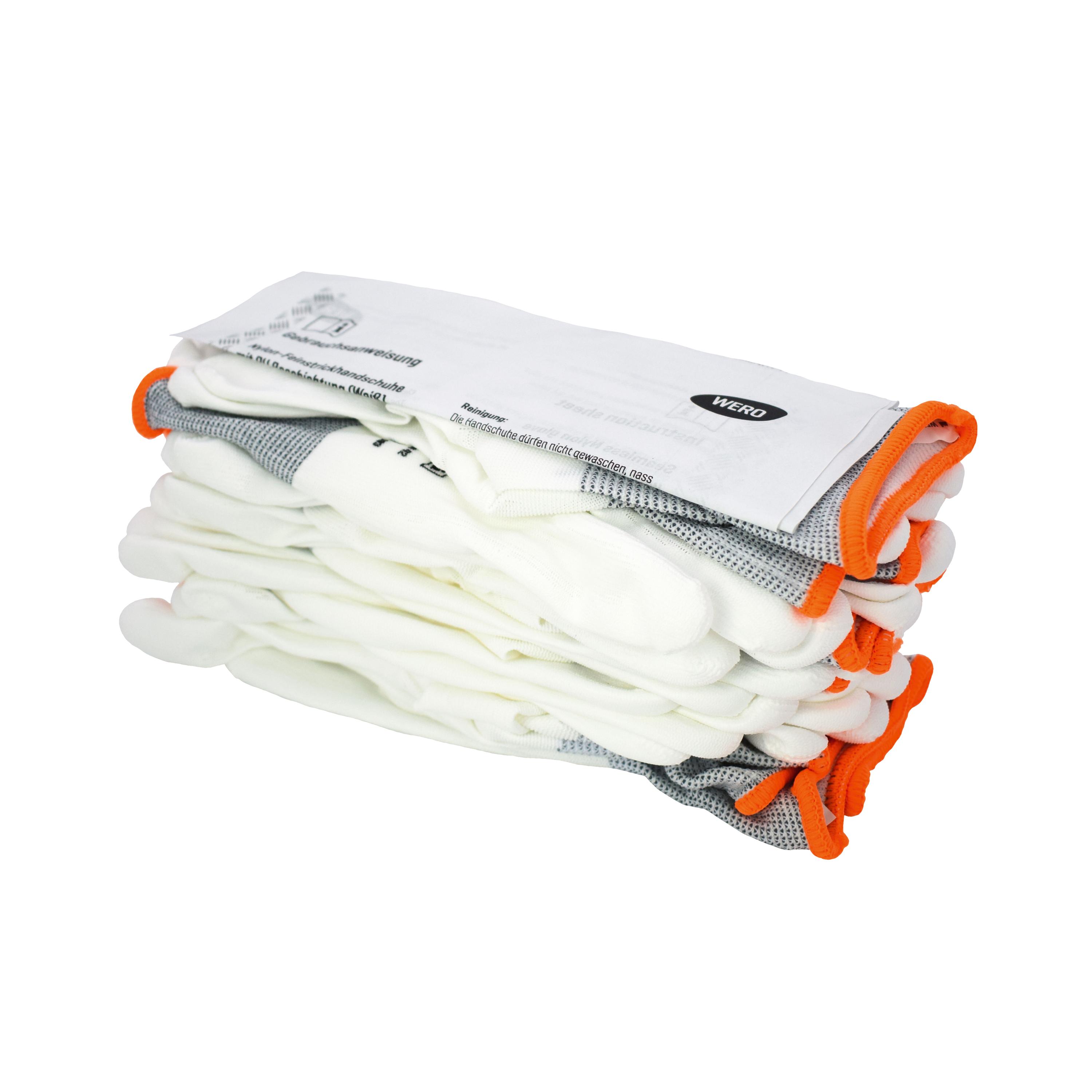 Mehrere Feinstrickhandschuhe WERO Allrounder, weiß mit orangefarbener Manschette, liegen gestapelt, flexibel und mit PU-Beschichtung für vielseitigen Einsatz.