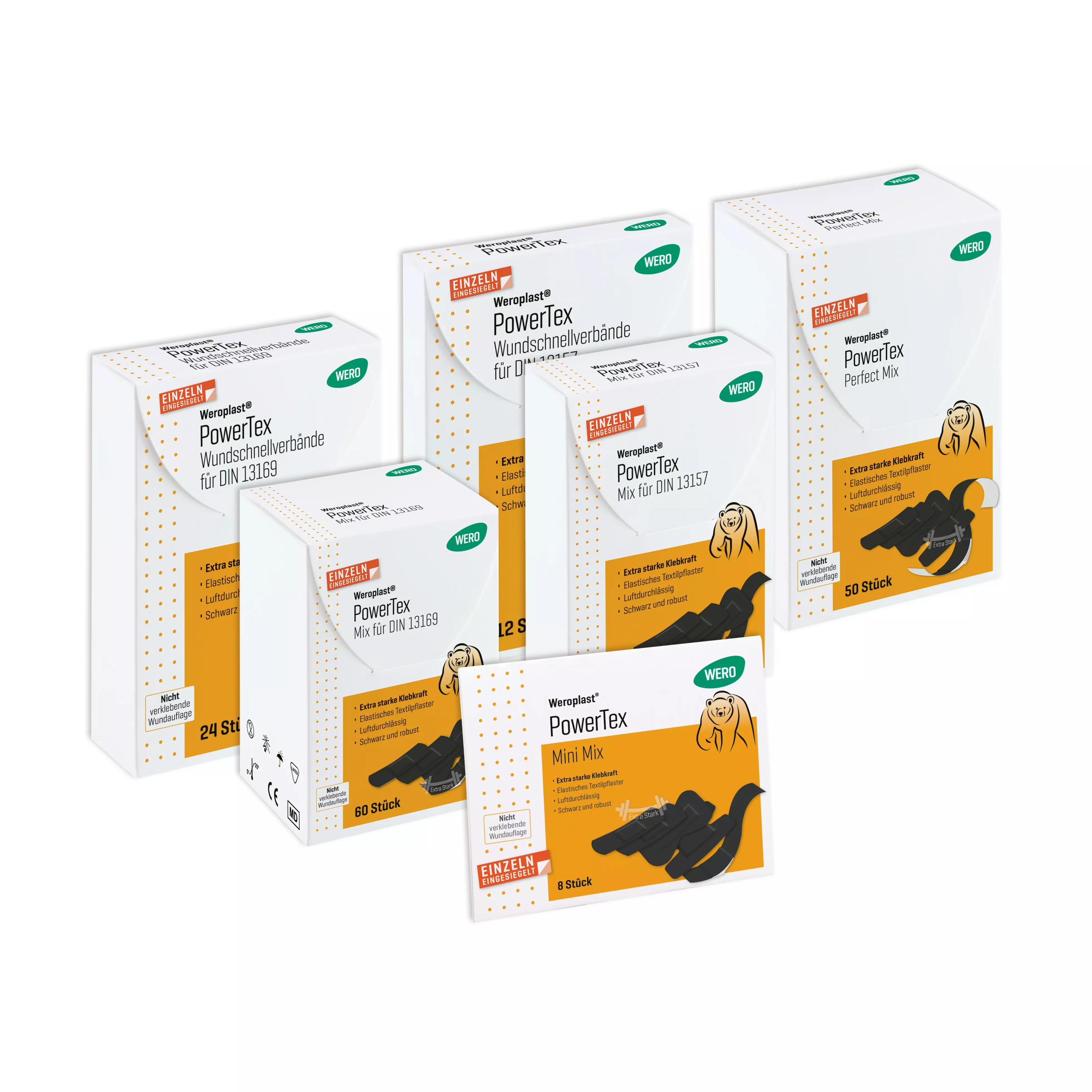 Fünf Schachteln Weroplast® PowerTex Pflaster - Wundschnellverbände DIN 13157 mit extra starker Klebkraft, schwarzem Textilgewebe und längs- sowie querelastischen Pflastern.