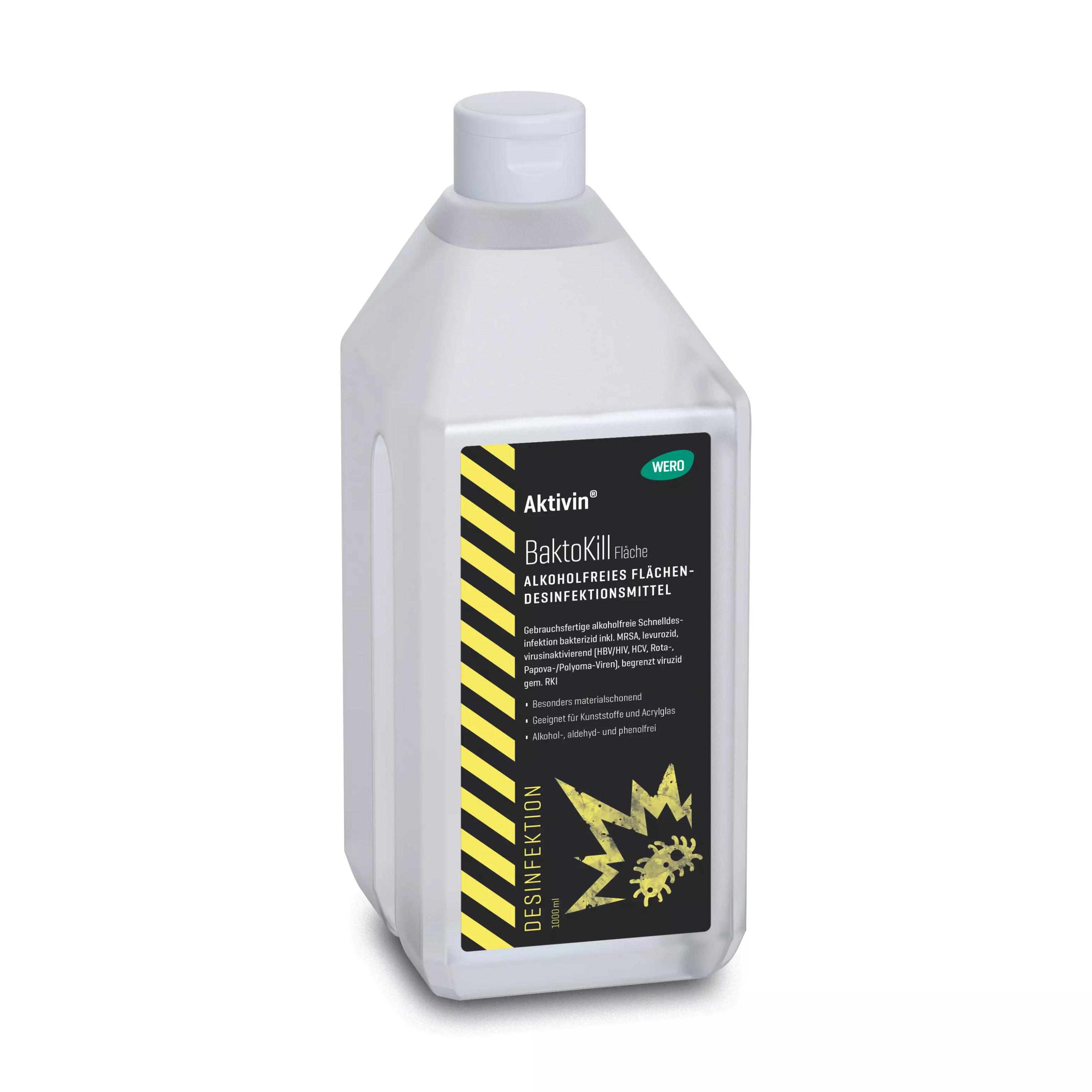 Eine 1.000-ml-Flasche Flächendesinfektion Aktivin® BaktoKill mit mehrsprachigem Etikett, schwarzer Labelgestaltung und weißem Verschluss.
