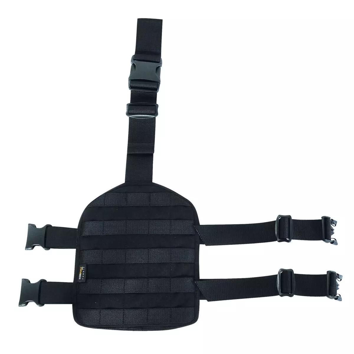 TT Leg Base - Schwarz mit MOLLE-System, aus robustem Gewebe gefertigt, zeigt verstellbare Riemen und Schnallen für einen sicheren Halt am Bein.