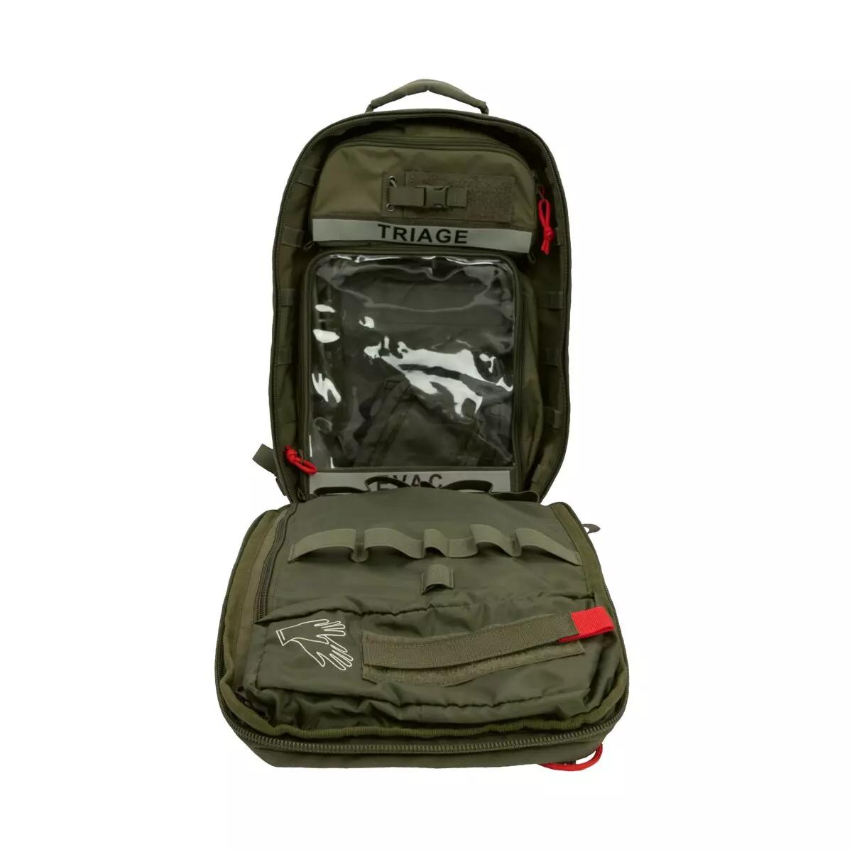 TT Medic Mascal Pack - Oliv, olivgrüner Rucksack mit mehreren Fächern, vier IFAK-Pouches und Lasercut-MOLLE-Seiten, geöffnet mit sichtbaren Einteilungen.