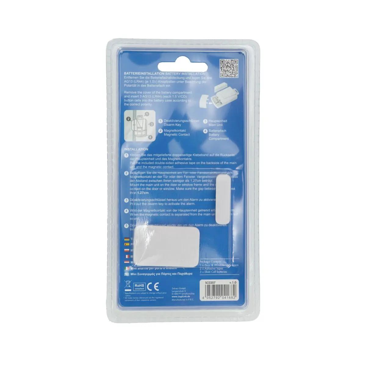 Weißes Paket mit Nachrüst-Alarm für WERO AED-Wandschrank, zeigt Mini-Alarmgerät, Klebestreifen und Knopfzellen, Installationshinweise auf Etikett.