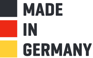 Logo mit Schriftzug „MADE IN GERMANY“ und Deutschlandflagge