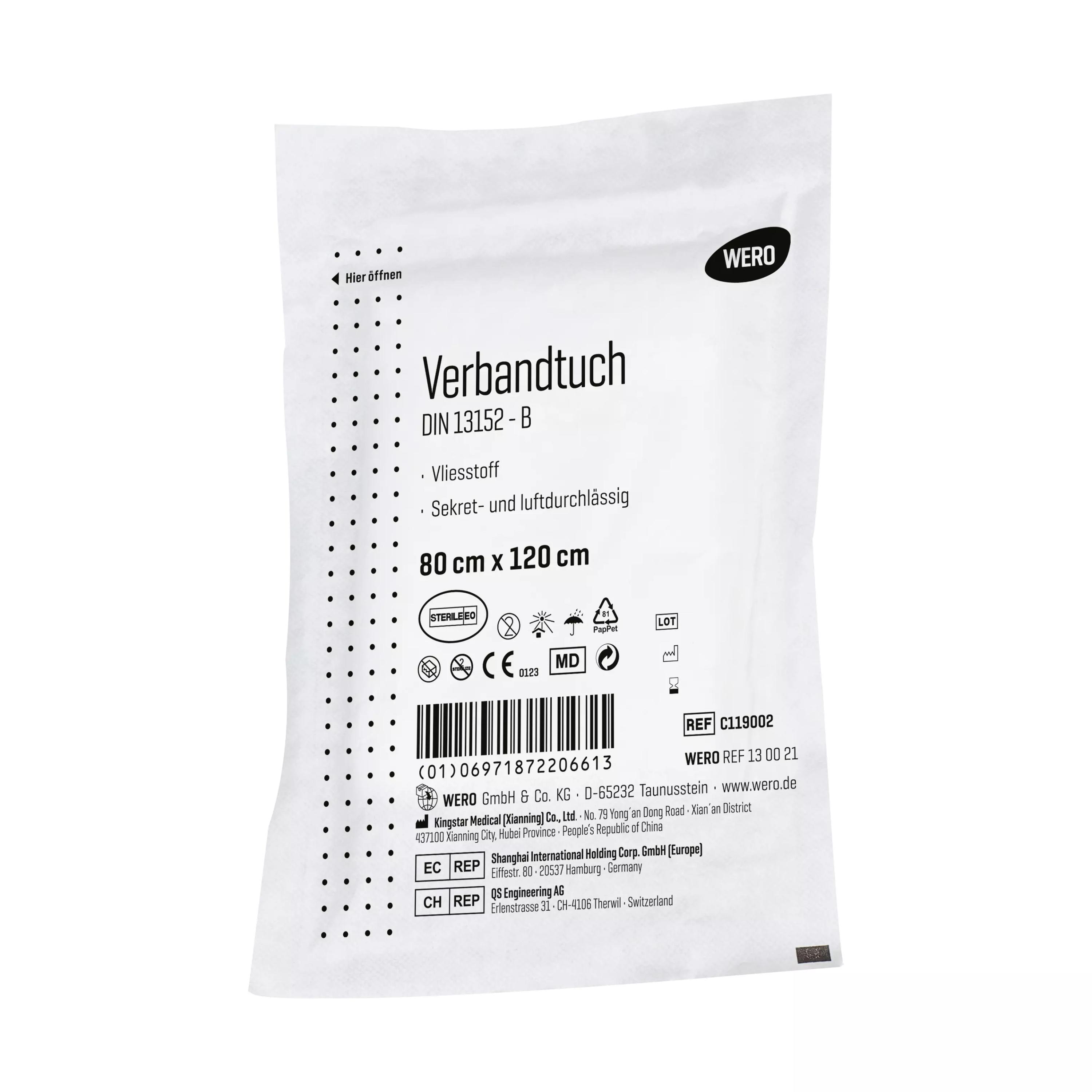 Ein weißes, vollständig versiegeltes Paket Verbandtuch DIN 13152, steril mit mehrsprachigen Hinweisen und Maßen 80 x 120 cm für großflächige Wunden.