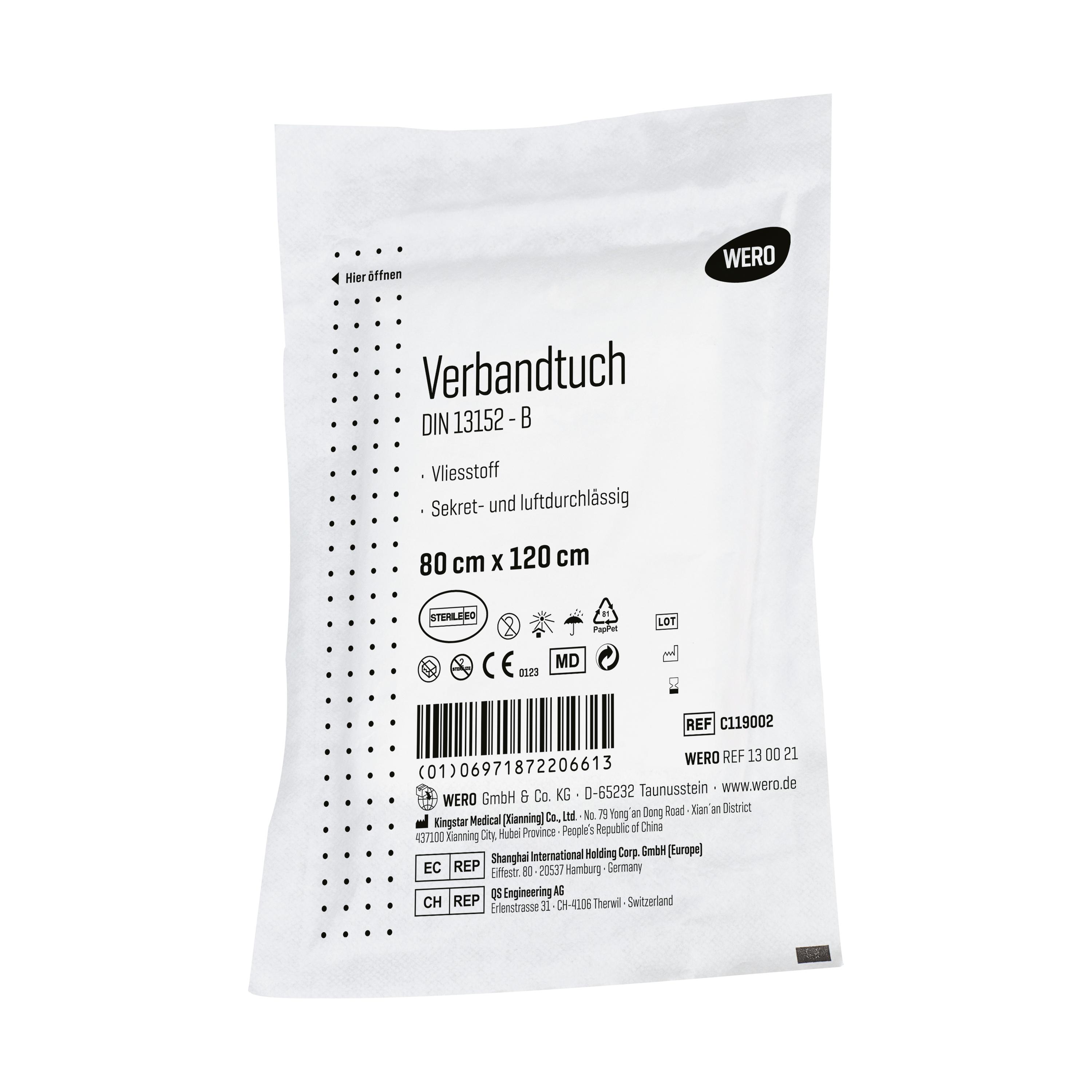 Ein weißes, vollständig versiegeltes Paket Verbandtuch DIN 13152, steril mit mehrsprachigen Hinweisen und Maßen 80 x 120 cm für großflächige Wunden.