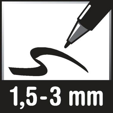 Ein edding Marker 300 schwarz mit Rundspitze schreibt eine geschwungene Linie auf weißem Untergrund, die Spitze misst 1,5–3 mm.