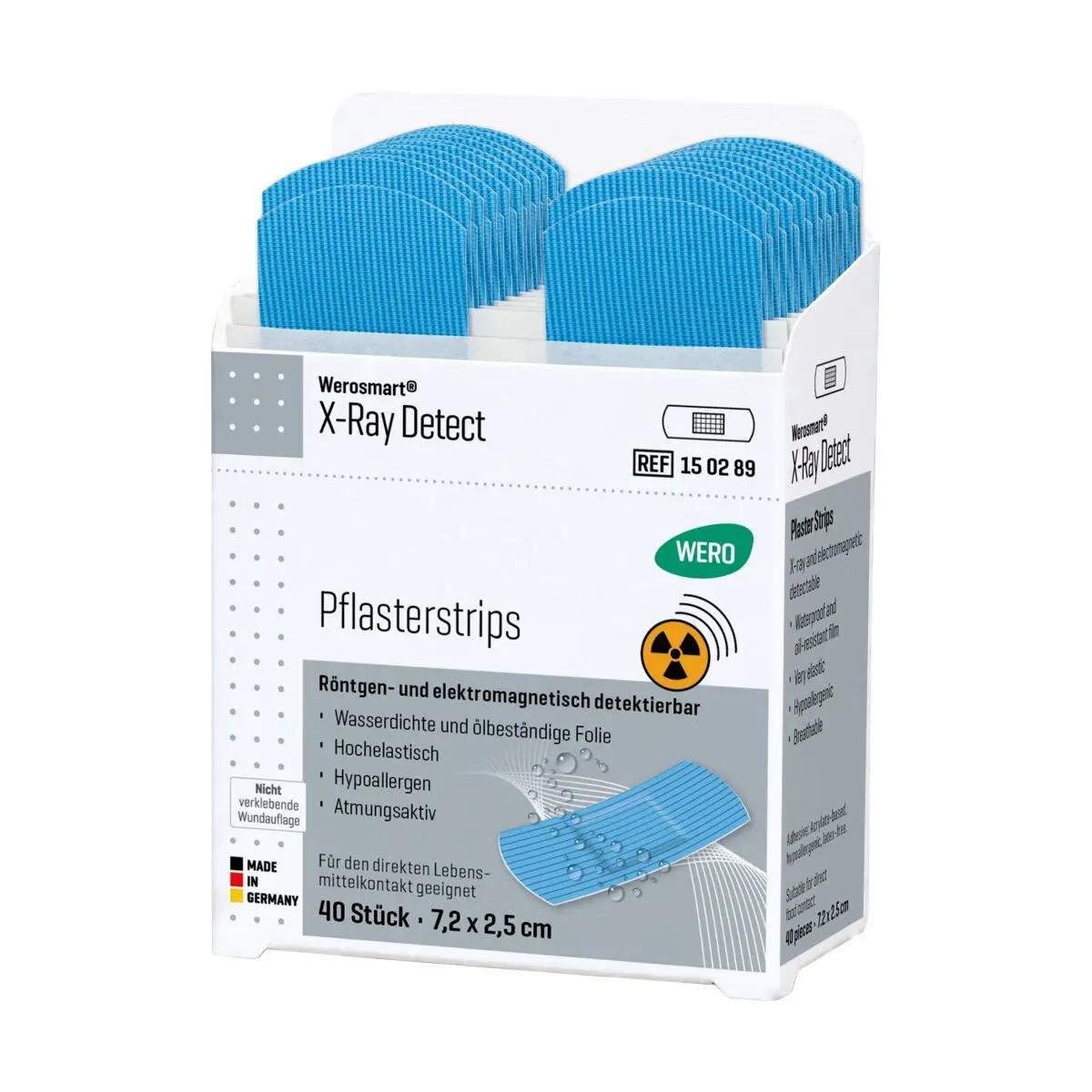 Weiße Box mit Werosmart® X-Ray Detect Pflasterspender-Einsätze Pflasterstrips, sichtbar blaue, röntgenerkennbare Einzeltütchen mit Aluminiumfolie unter der Wundauflage.