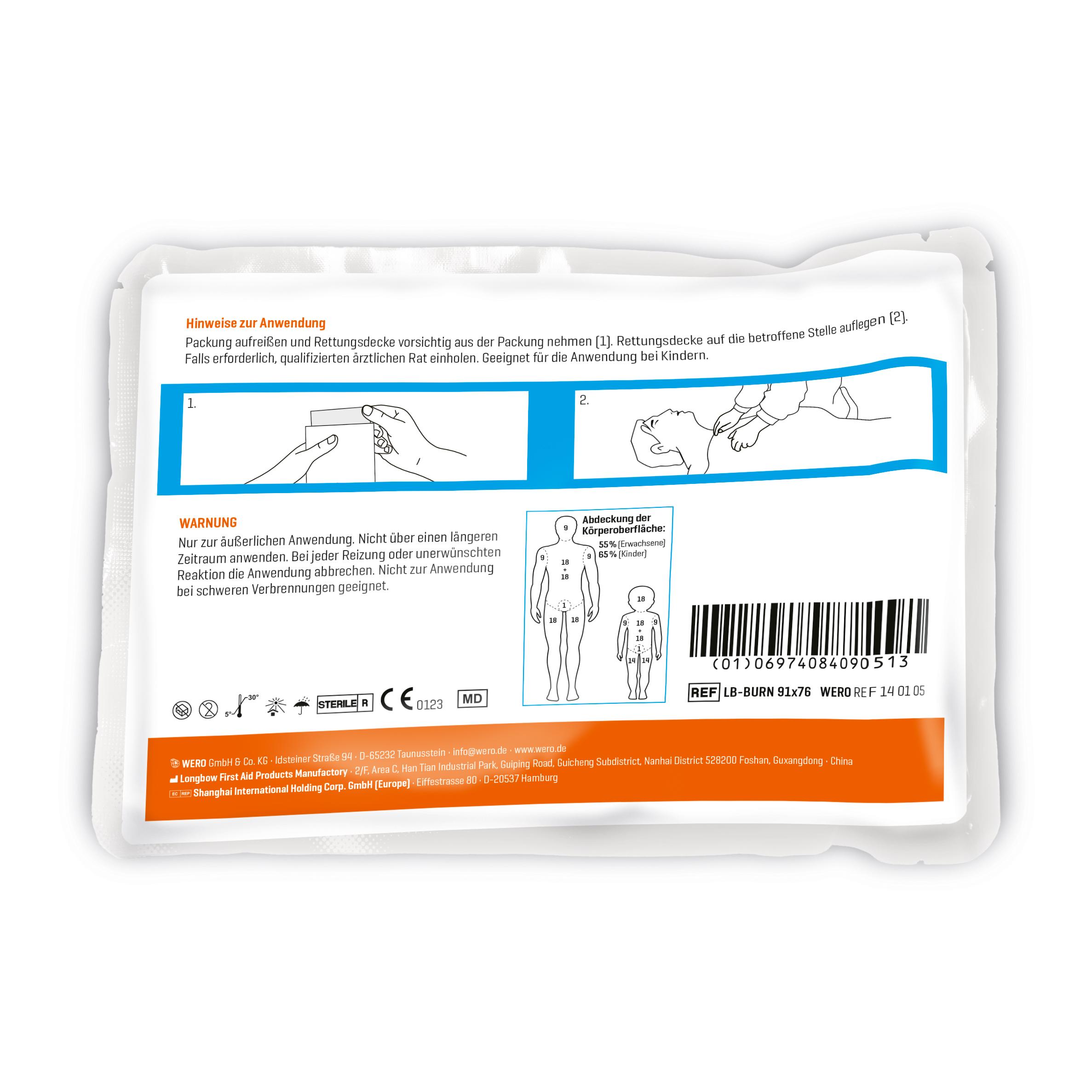 WERO BurnAway® Rettungsdecke in weißer Aufbewahrungsbox mit blauen und orangen Akzenten, klar beschriftet und mit illustrierten Anwendungshinweisen.