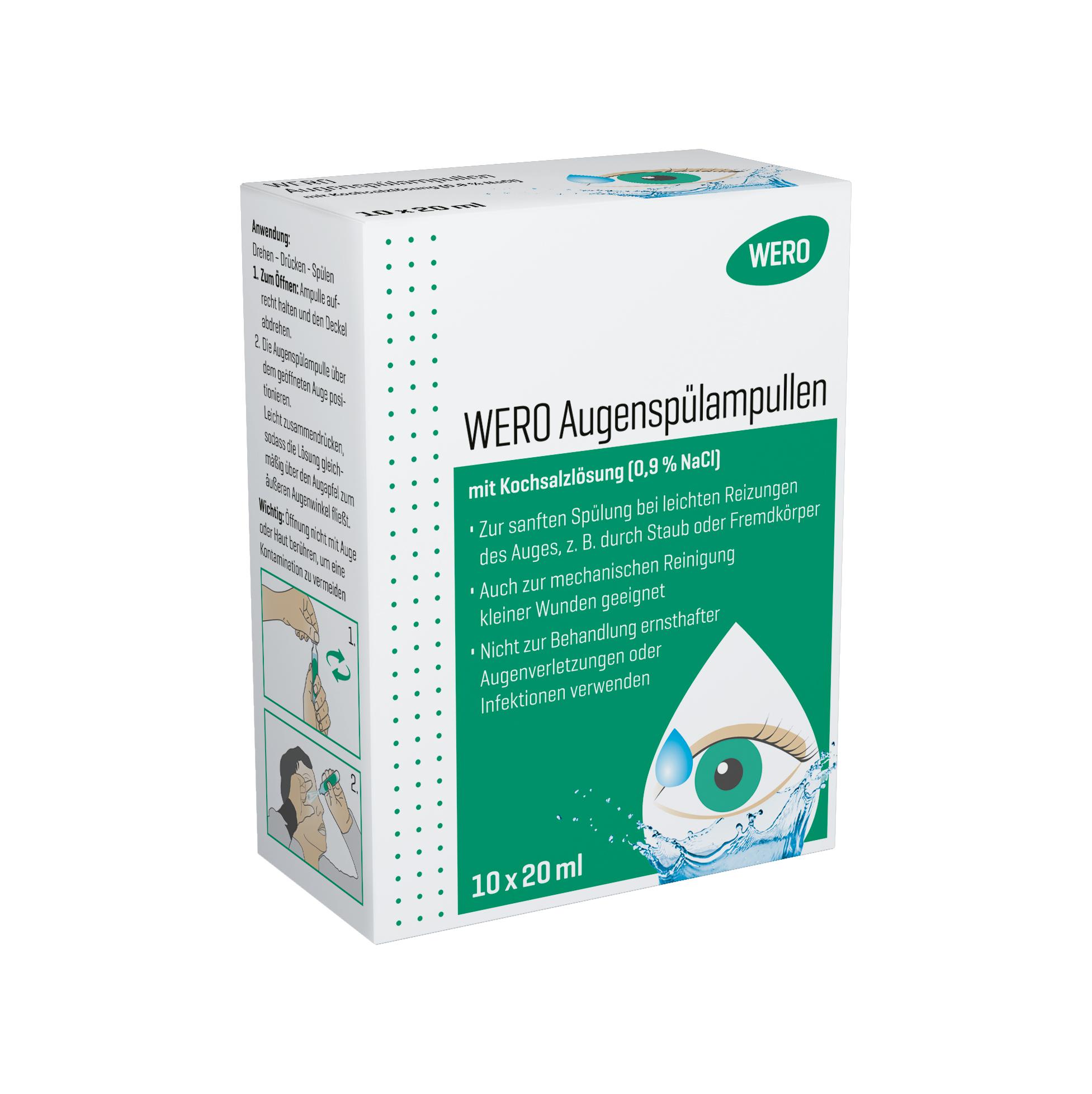 Die Verpackung der WERO Augenspülampullen, 10 x 20 ml, zeigt eine grüne Augen-Illustration und informiert über Anwendung zur Augenreinigung bei Staub und Schmutz.