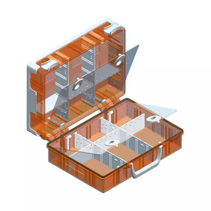 Orangefarbene, transparente Angelkiste mit weißem Rand, Klappdeckel, mehreren Fächern und robustem Griff zur Aufbewahrung von Zubehör.