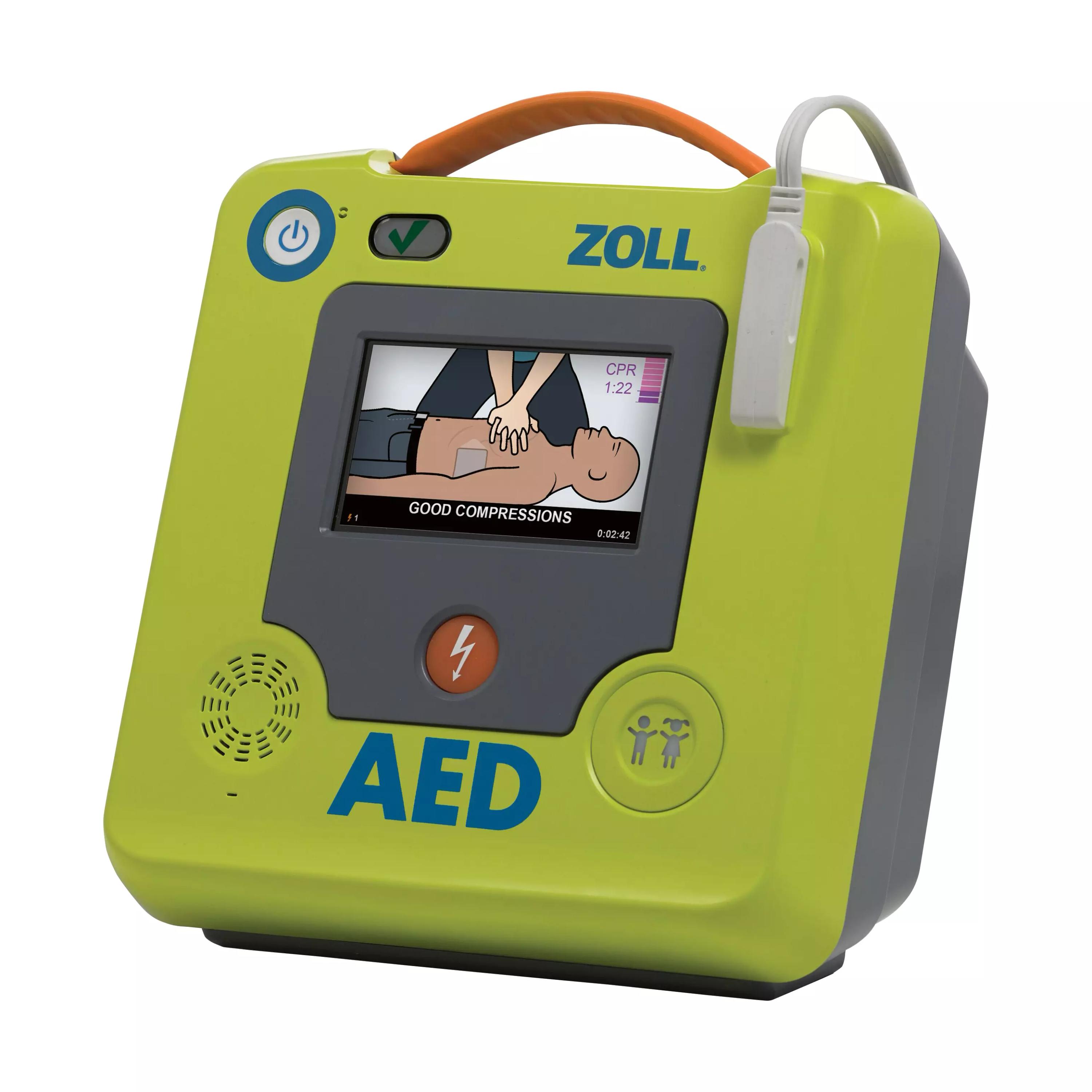 Defibrillator-Set ZOLL® AED 3, Vollautomat mit orangefarbenem Griff, großem Display, visuellem CPR-Feedback und Echtzeit-Feedbacktaste auf der Front