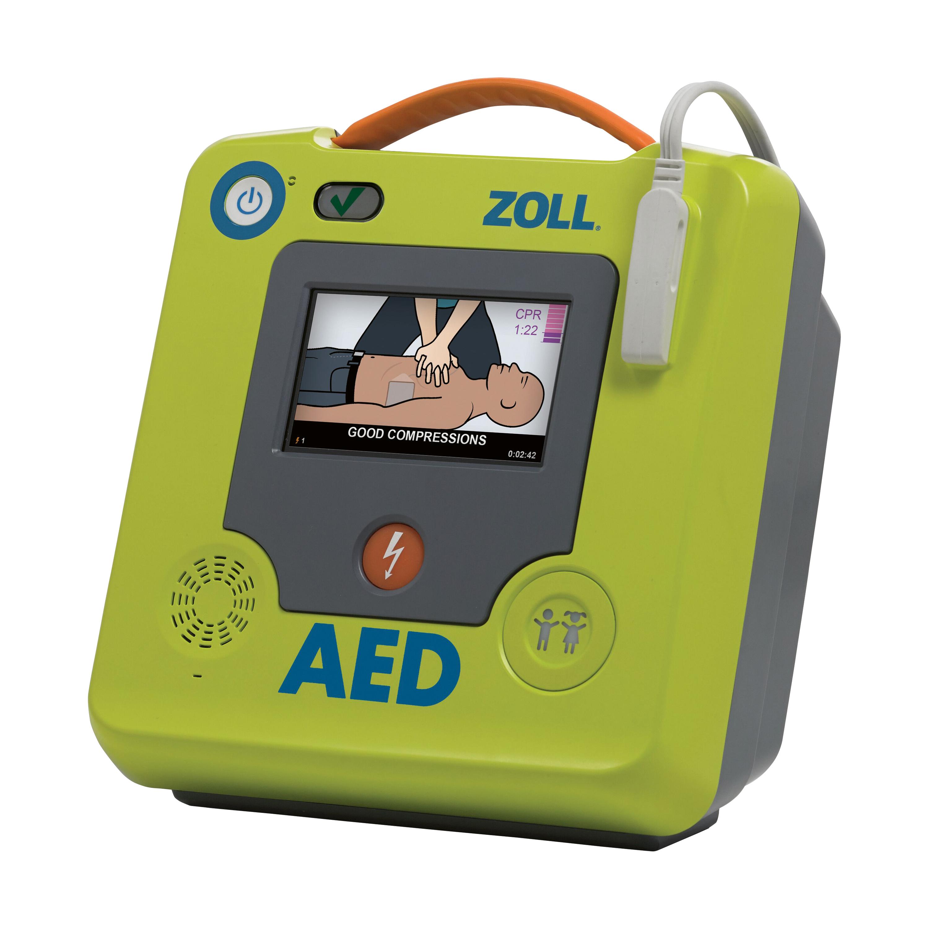 Defibrillator-Set ZOLL® AED 3, Vollautomat mit orangefarbenem Griff, großem Display, visuellem CPR-Feedback und Echtzeit-Feedbacktaste auf der Front