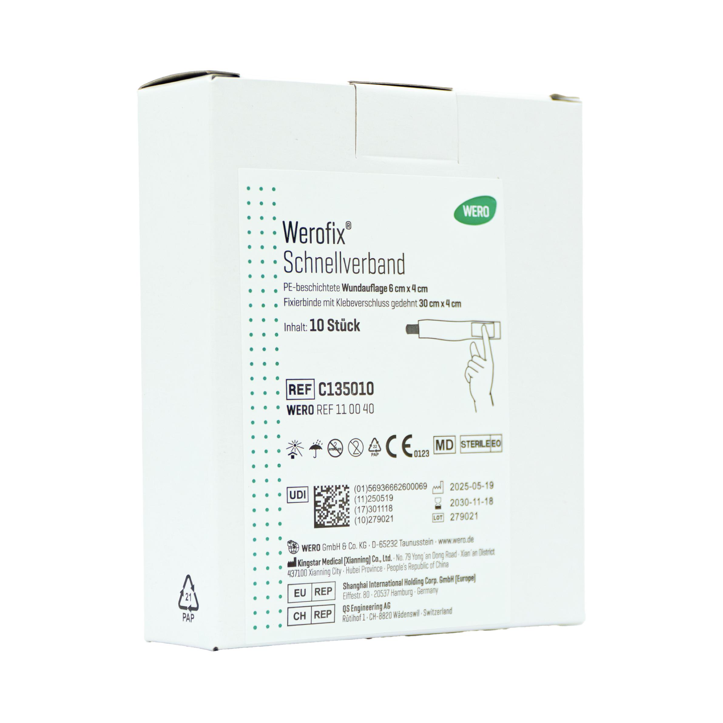 Weiße Box Werofix® Schnellverband, steril - 10 Stk mit Herstellerdaten, 10 weißen Sticks, REF-Nummer und Anwendungshinweisen auf der Verpackung.