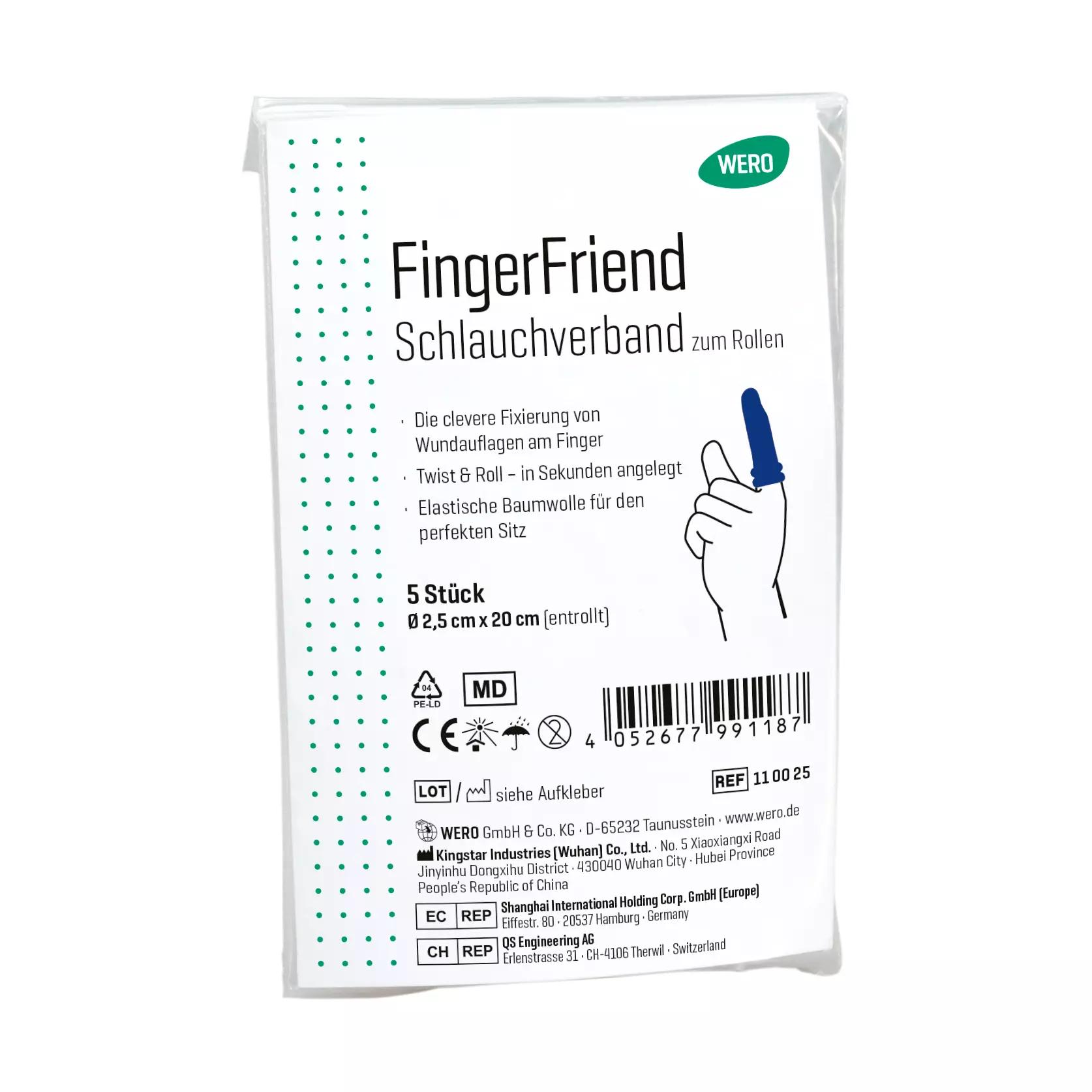 Weiße Rechteckpackung mit grünem Rand, WERO FingerFriend Schlauchverband zum Rollen, 5 Stück, elastische blaue Baumwolle, leicht anzuwenden, illustriert an einem Finger.