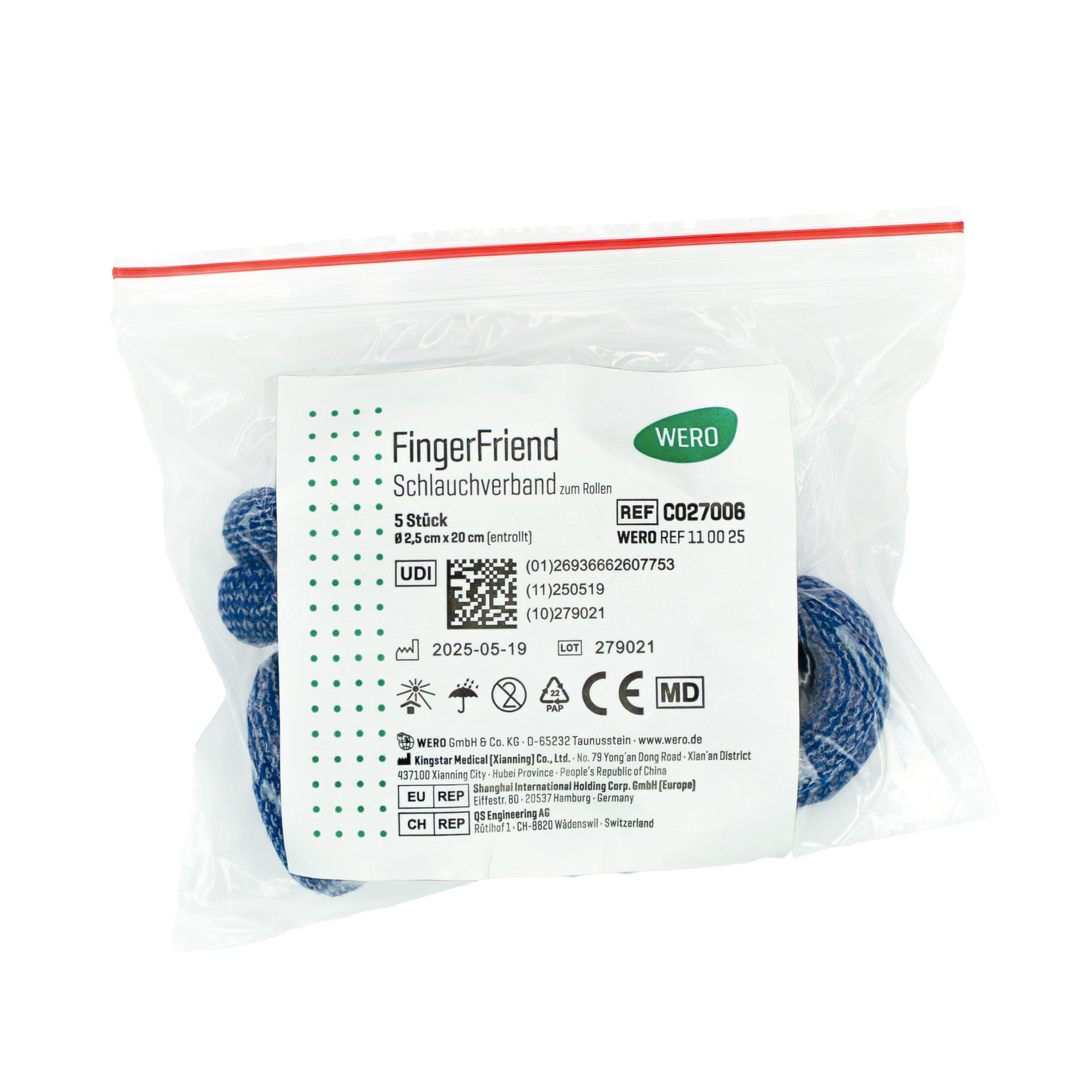 Weiße Rechteckpackung mit grünem Rand, WERO FingerFriend Schlauchverband zum Rollen, 5 Stück, elastische blaue Baumwolle, leicht anzuwenden, illustriert an einem Finger.