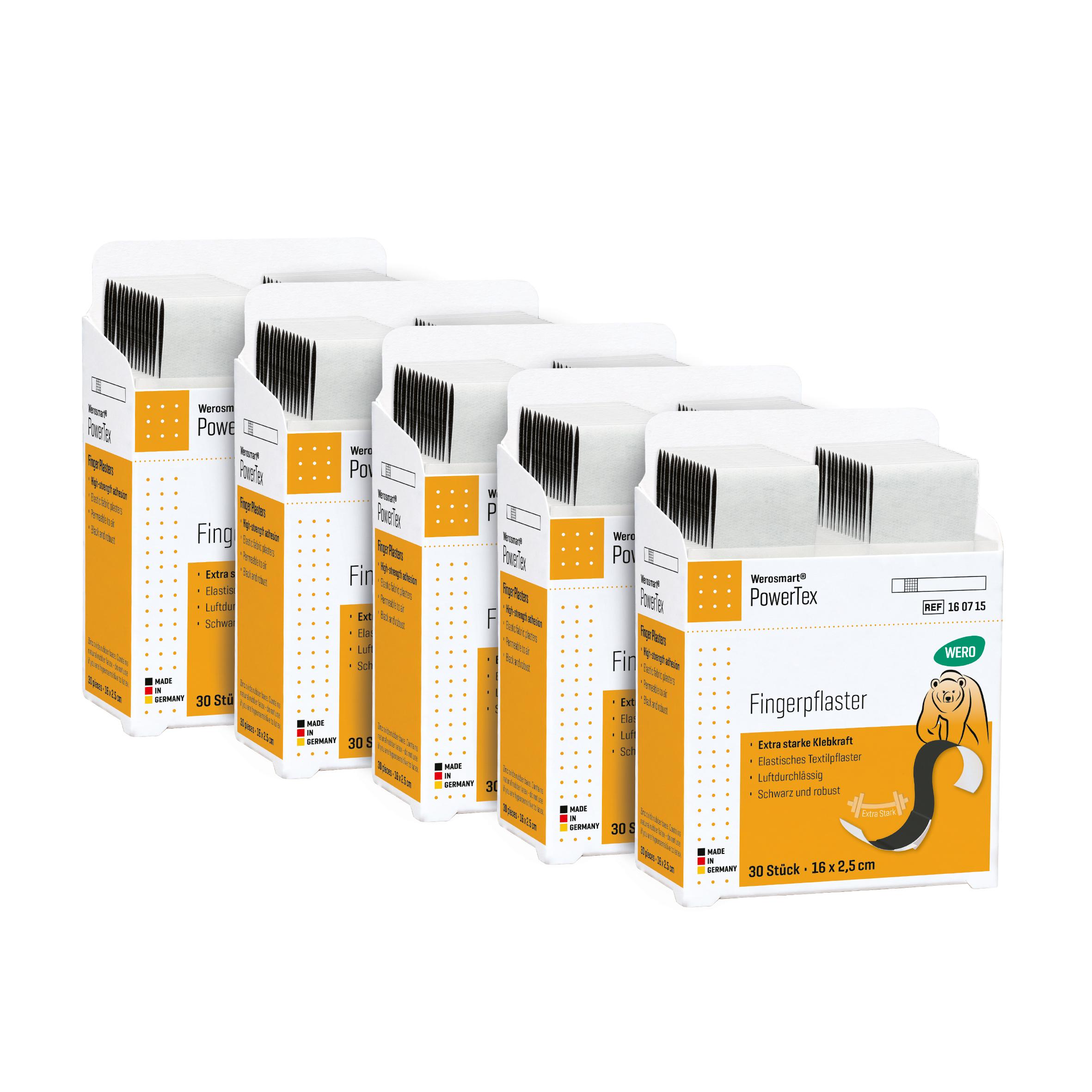 Fünf Werosmart® PowerTex Pflasterspender-Einsätze Fingerpflaster à 16 cm in orange-weißen Boxen, mit Bärenmotiv und Produktinformationen sichtbar gestapelt.