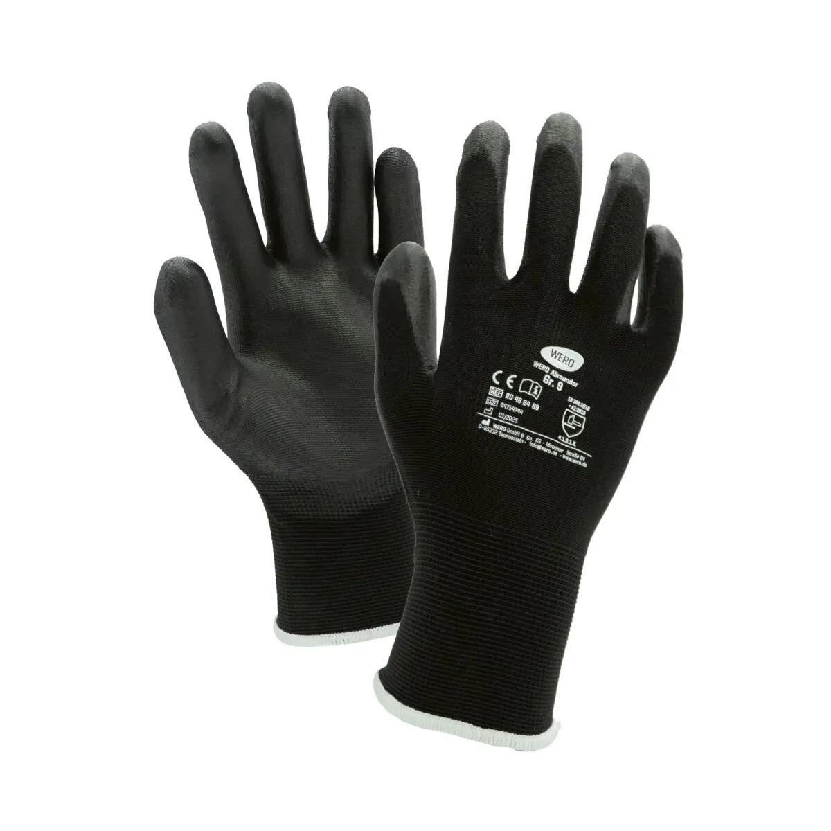 Ein Paar Feinstrickhandschuh WERO Allrounder, schwarz, Größe 7, mit PU-Beschichtung und oranger Manschette liegt nebeneinander, Logo sichtbar.