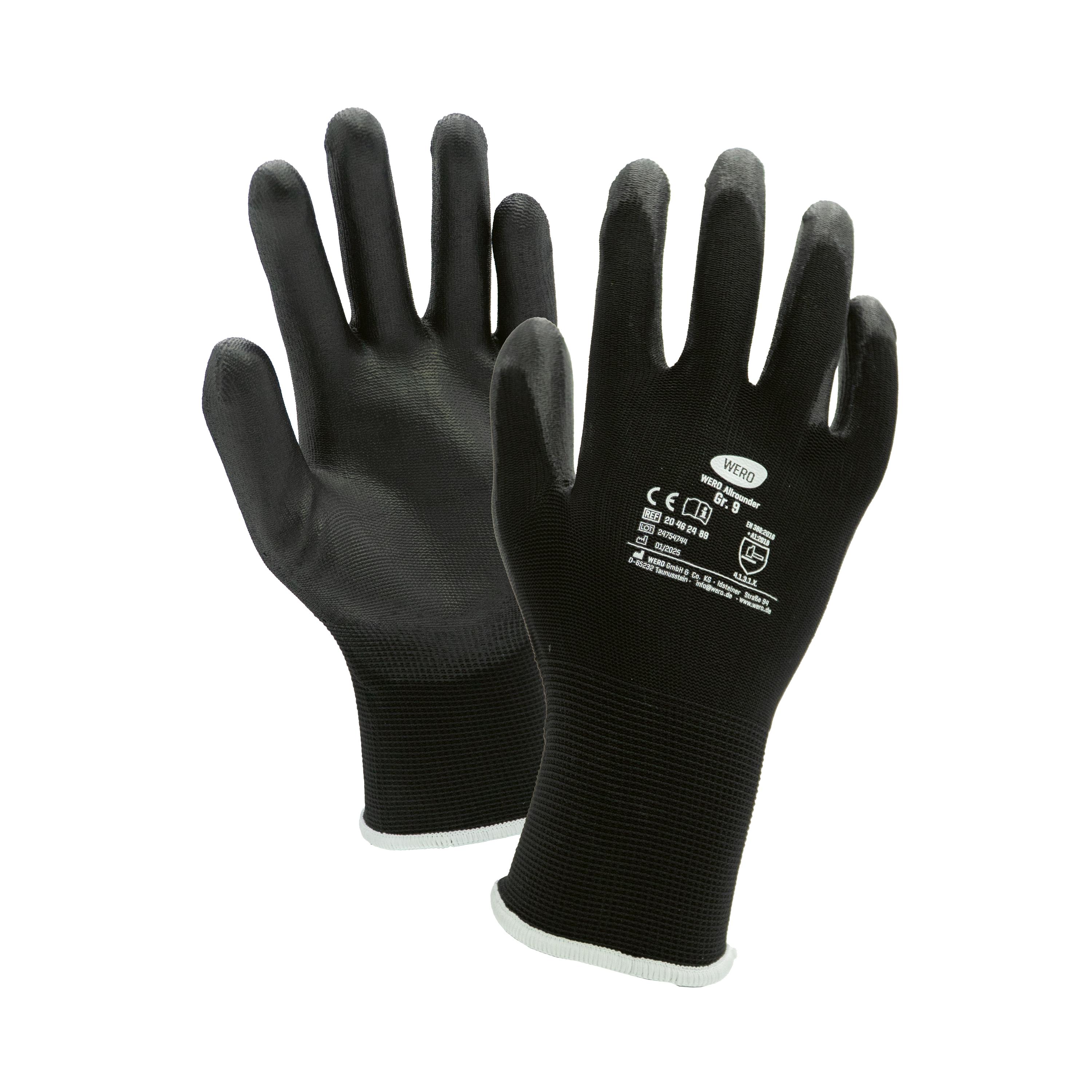 Ein Paar Feinstrickhandschuh WERO Allrounder, schwarz, Größe 7, mit PU-Beschichtung und oranger Manschette liegt nebeneinander, Logo sichtbar.