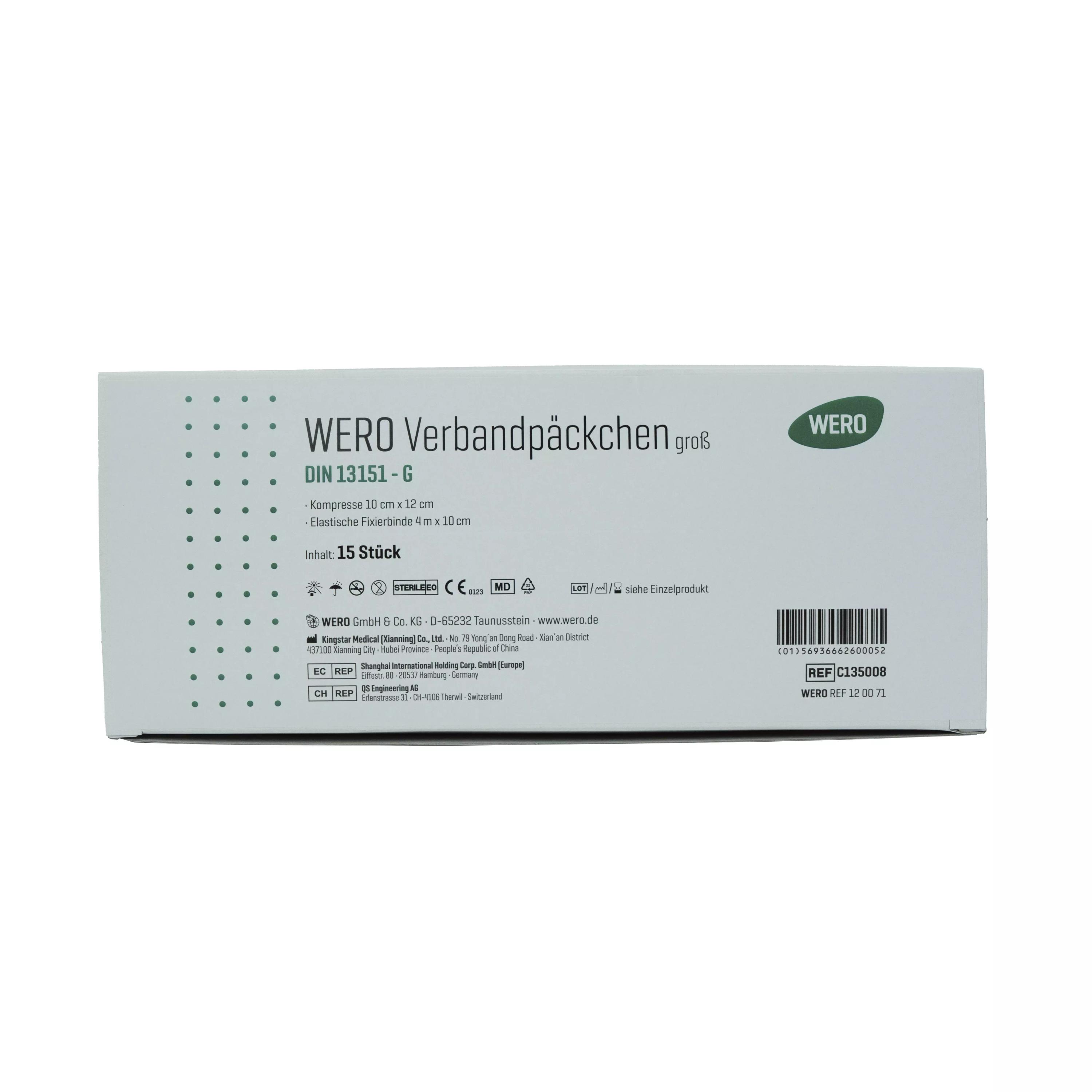 Weiße Verpackung des WERO Verbandpäckchen DIN 13151 G, steril, mit grüner Beschriftung, Kompresse mit Spezialbeschichtung, verklebt nicht mit der Wunde.