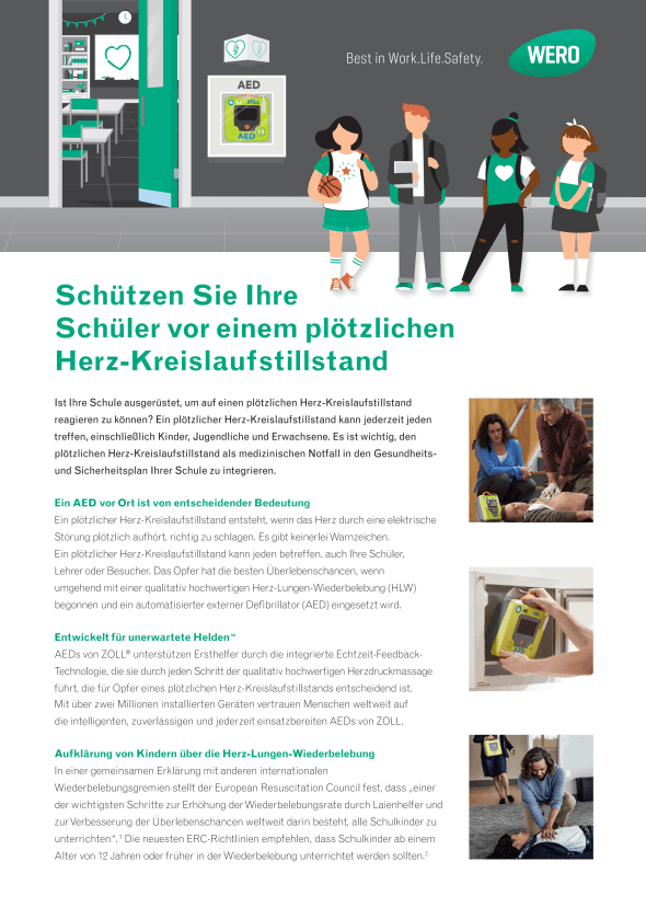 Infografik über Maßnahmen zur Ersten Hilfe bei Herz-Kreislaufstillstand und Notfällen in Schulen mit erläuternden Icons und Anweisungen.